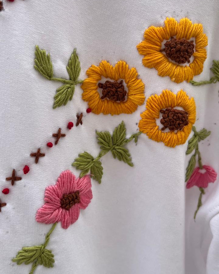 Close-up of embroidered flowers on a white fabric background