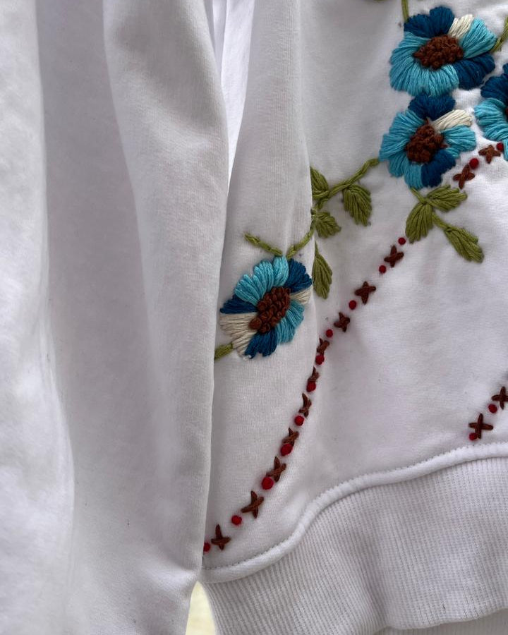 Close-up of a white garment with colorful floral embroidery.
