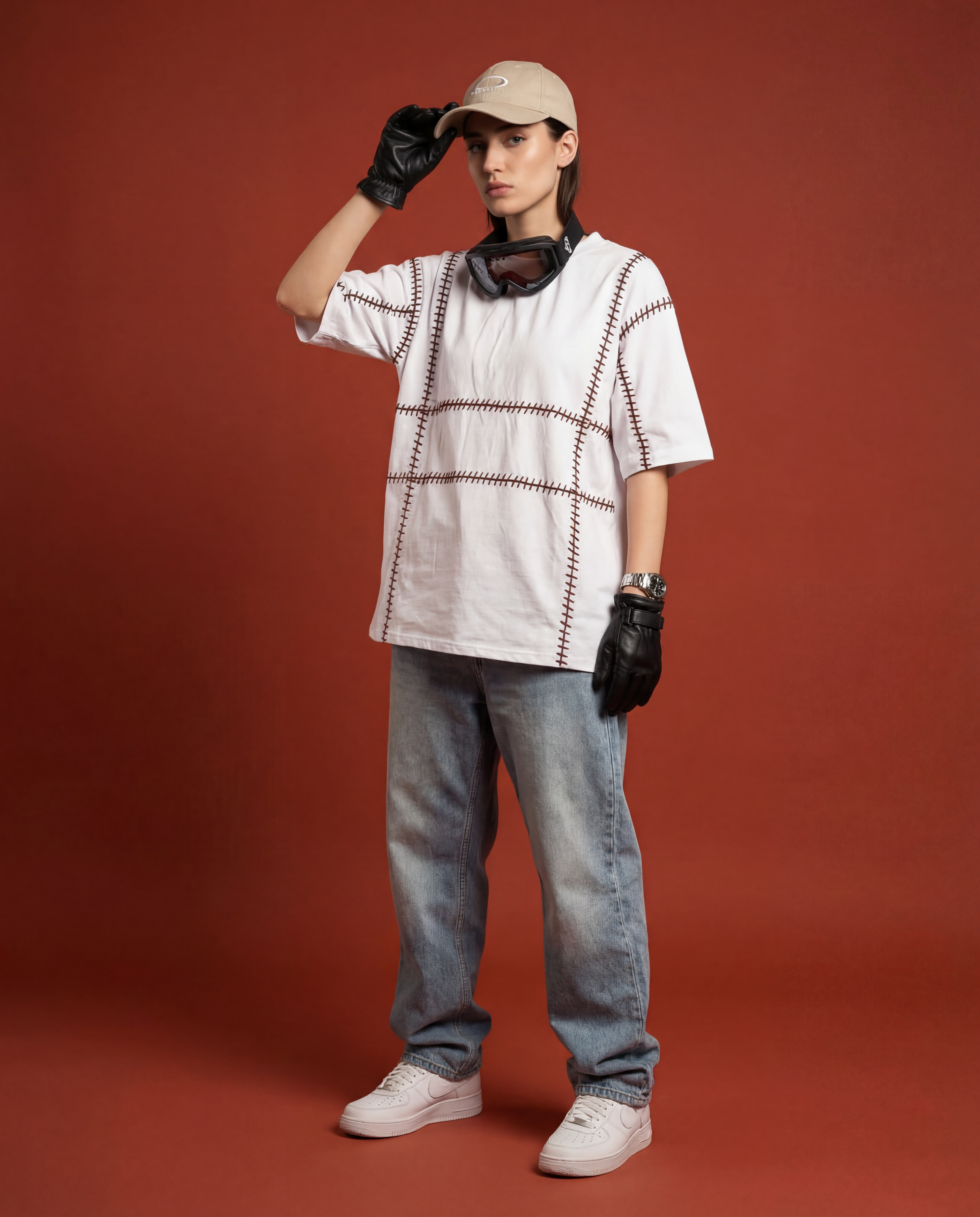 Person wearing a white shirt with brown stripes, blue jeans, and a beige cap on a red background