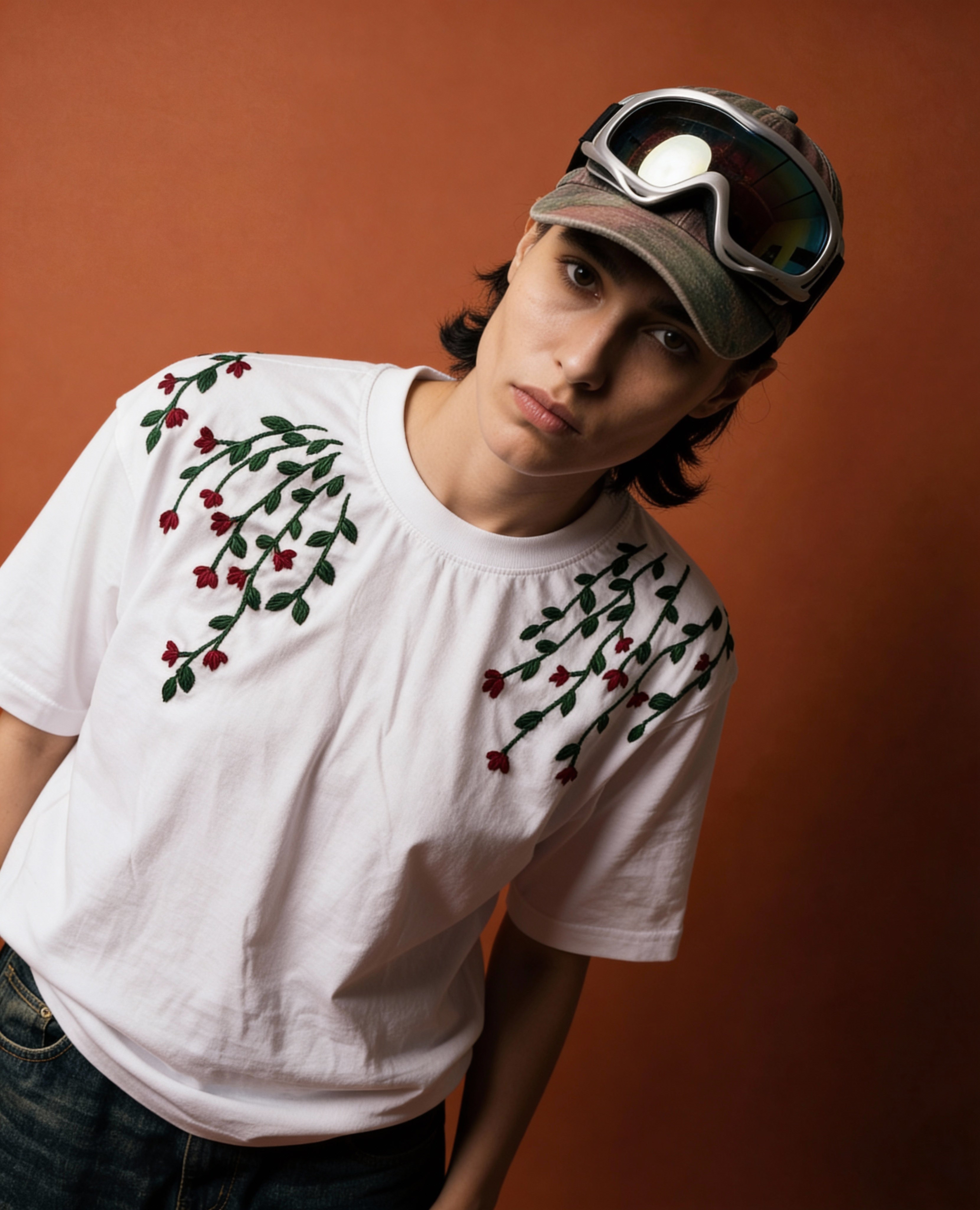 Person wearing a white t-shirt with floral design and a cap against an orange background