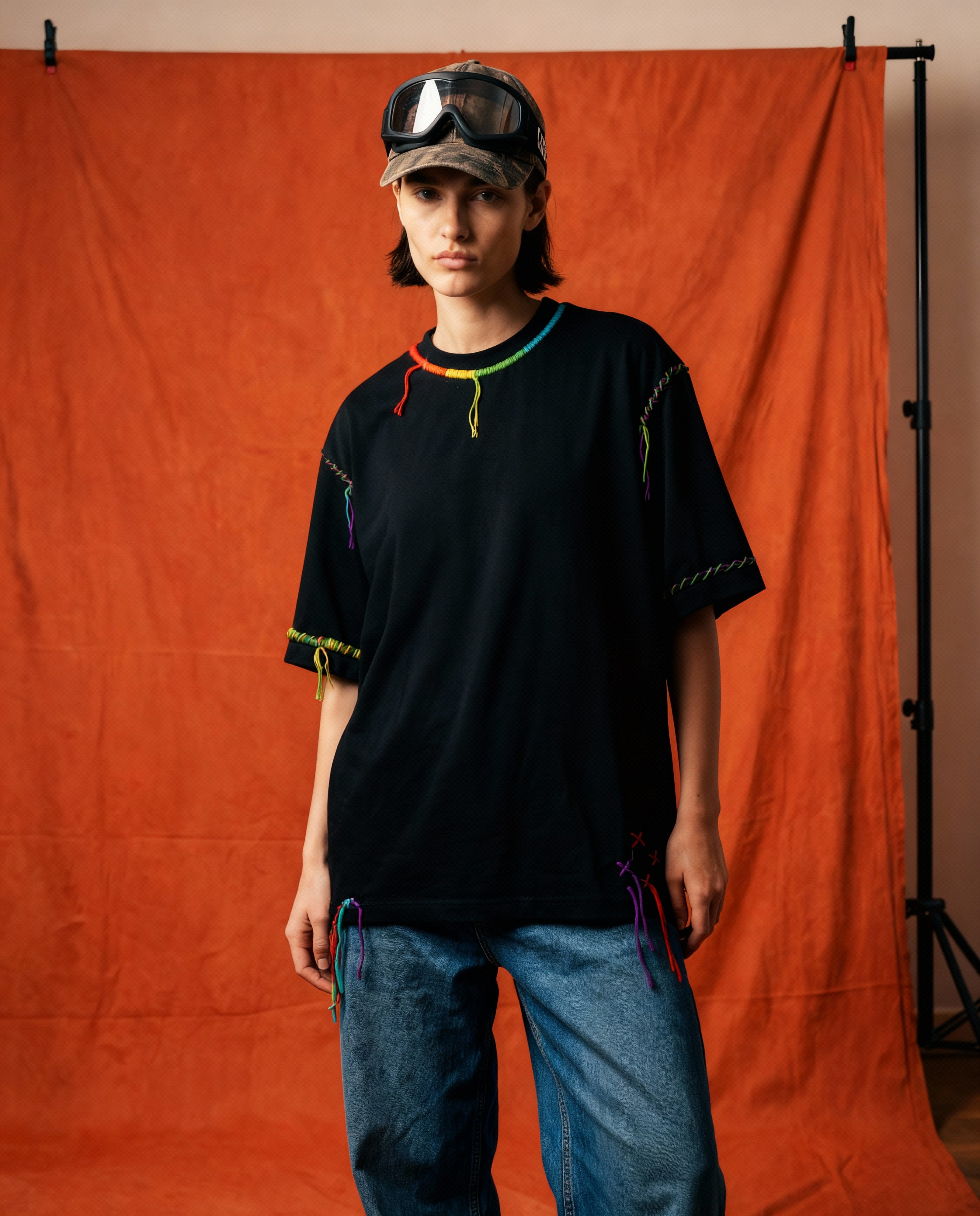 Person wearing a black t-shirt with colorful embroidered kantha work and blue jeans against an orange backdrop