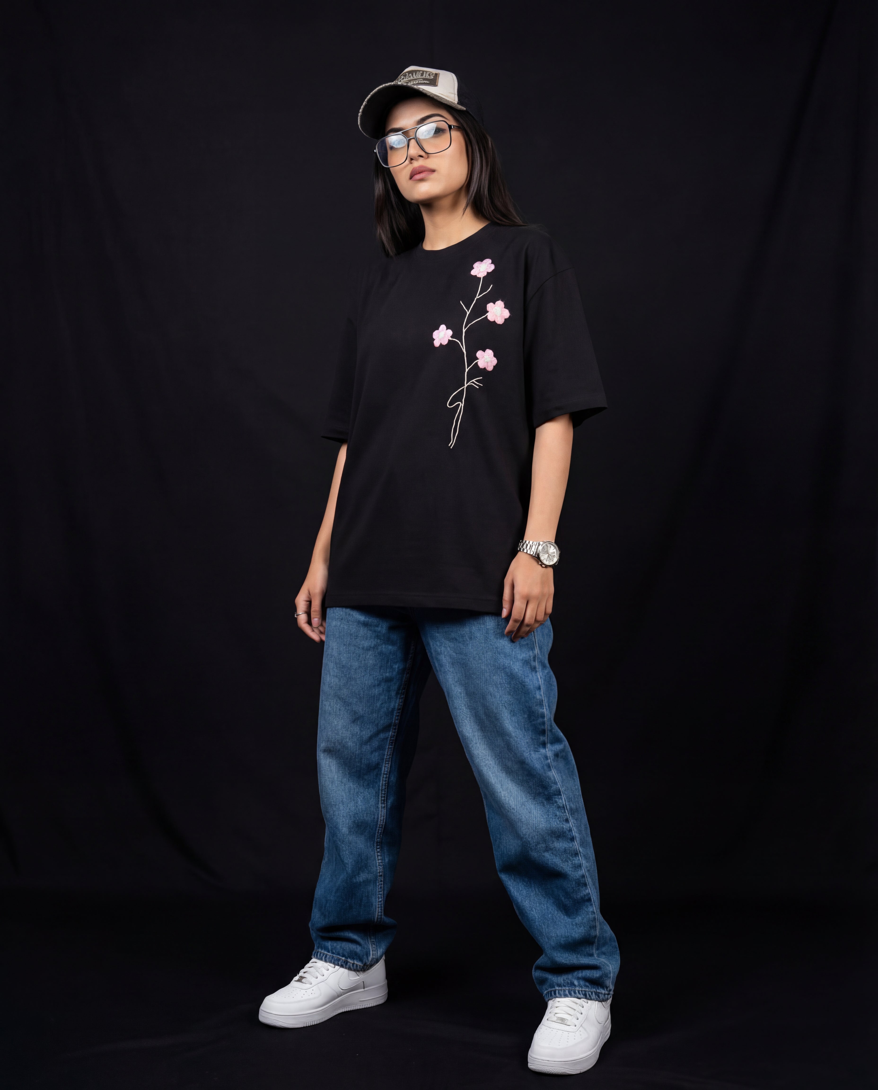 Floral Reverie Hand-Embroidered Oversized T-shirt (Unisex)