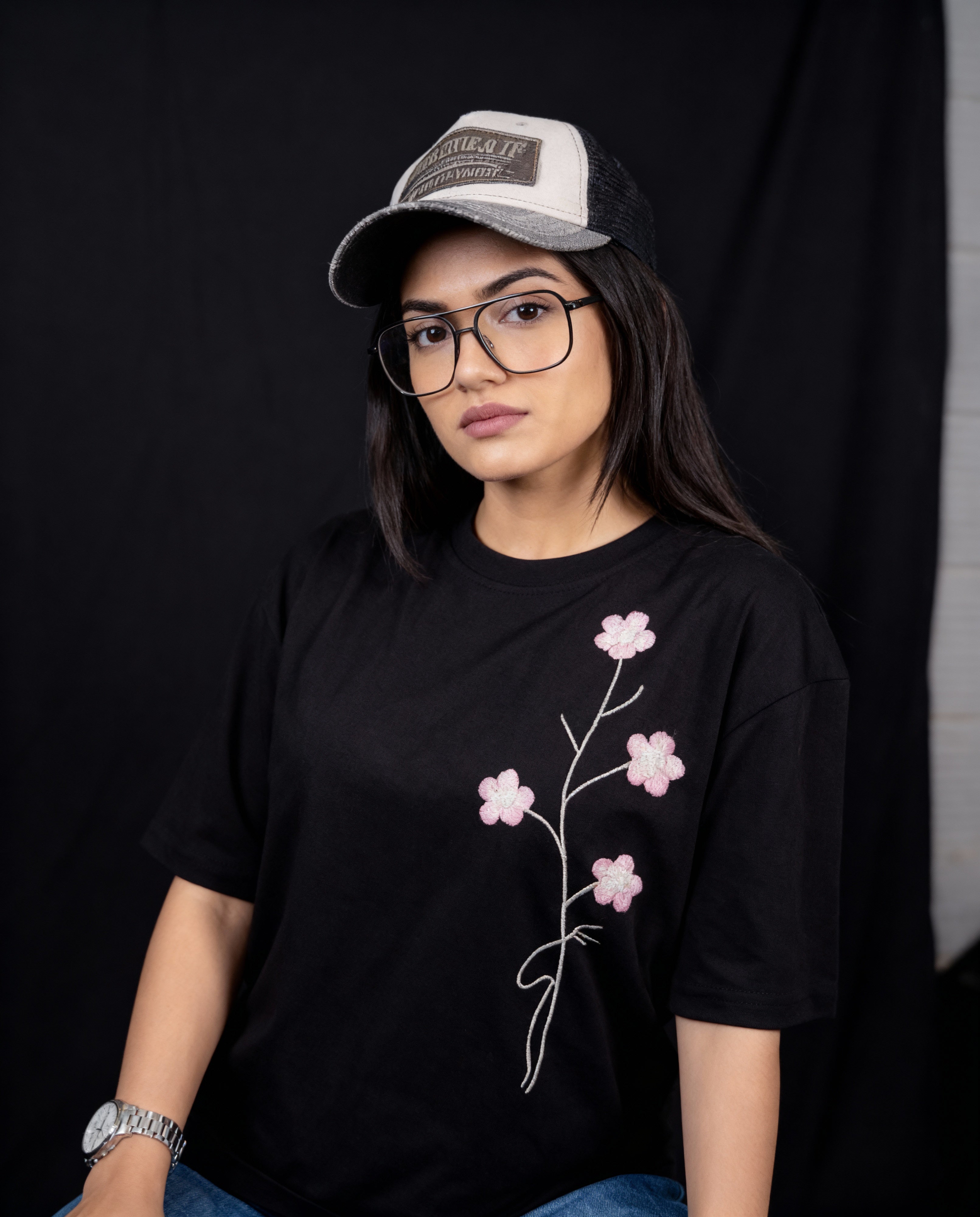 Floral Reverie Hand-Embroidered Oversized T-shirt (Unisex)