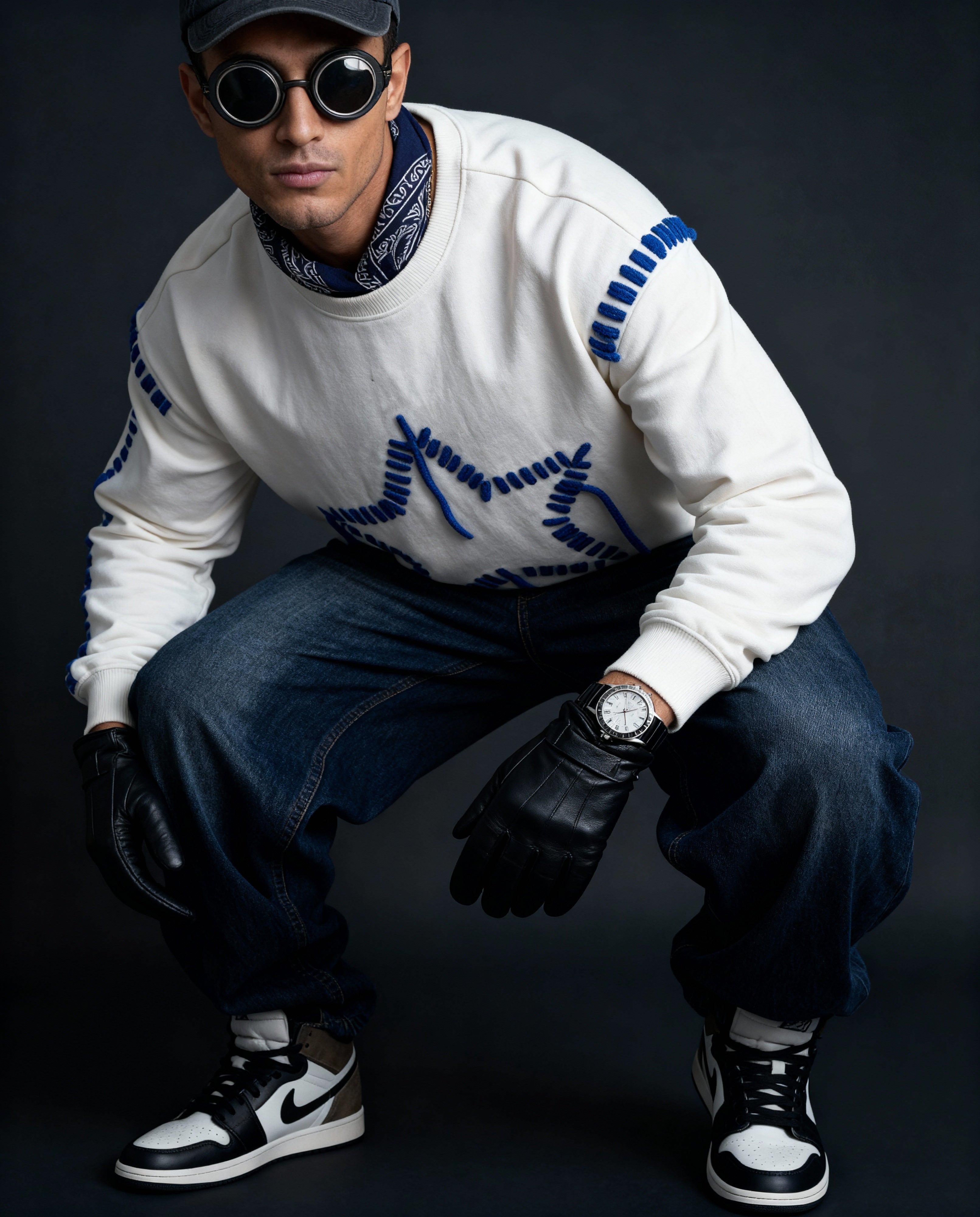 Man wearing a white sweater with blue patterns, dark pants, black gloves, and sunglasses on a black background