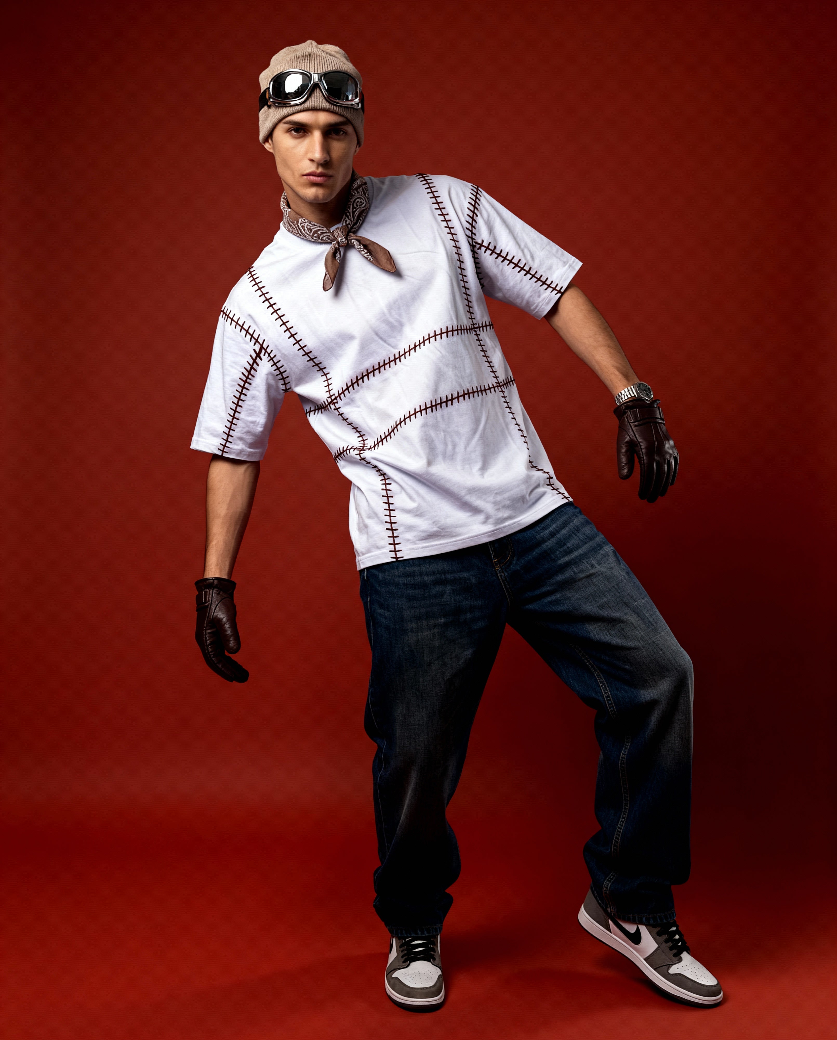 Person wearing a white shirt with brown stitching, dark jeans, and black gloves on a red background