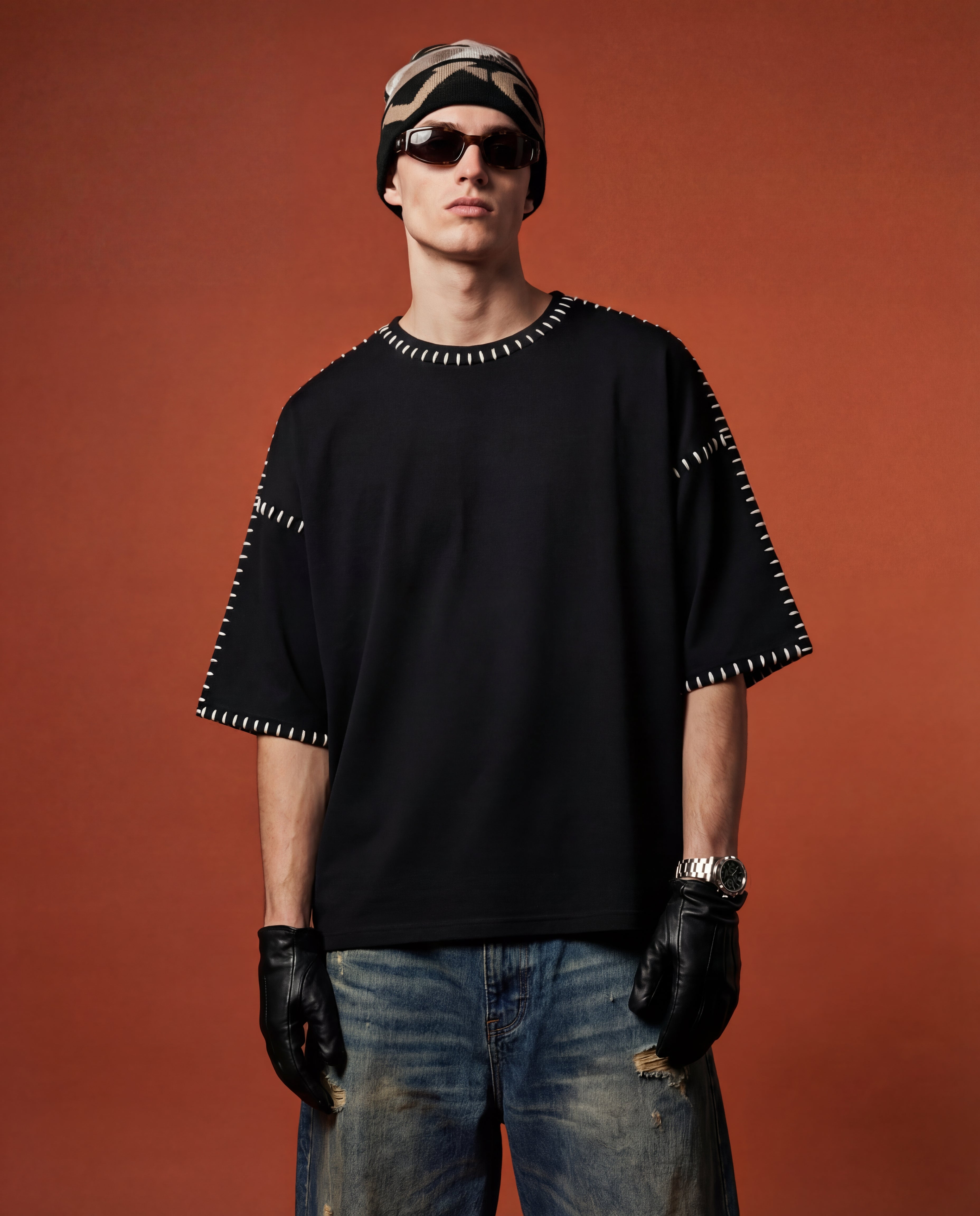 Person wearing a black t-shirt with white trim, sunglasses, and gloves against a red background