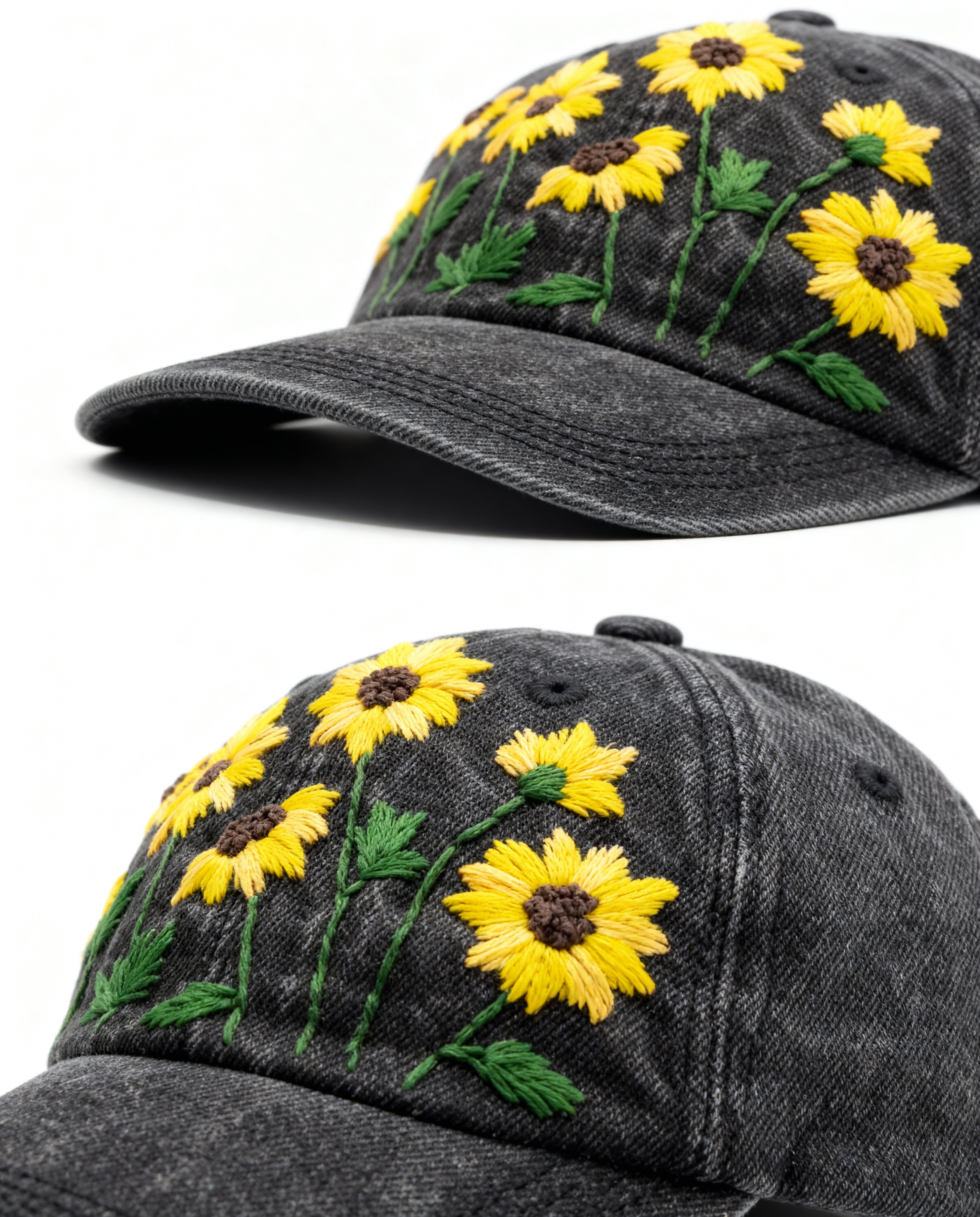 Black baseball cap with yellow sunflower designs on a white background