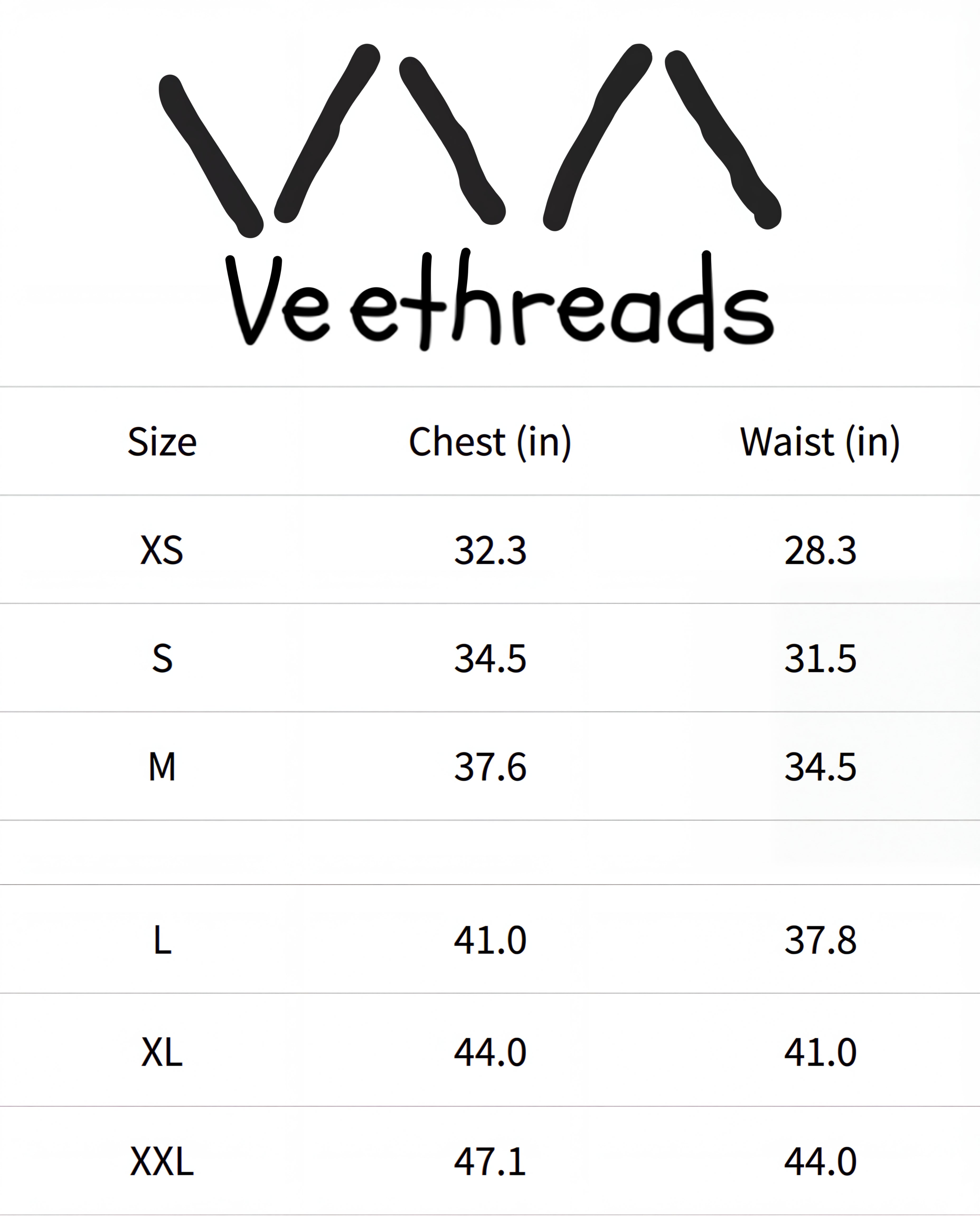Veethreads size chart with chest and waist measurements.