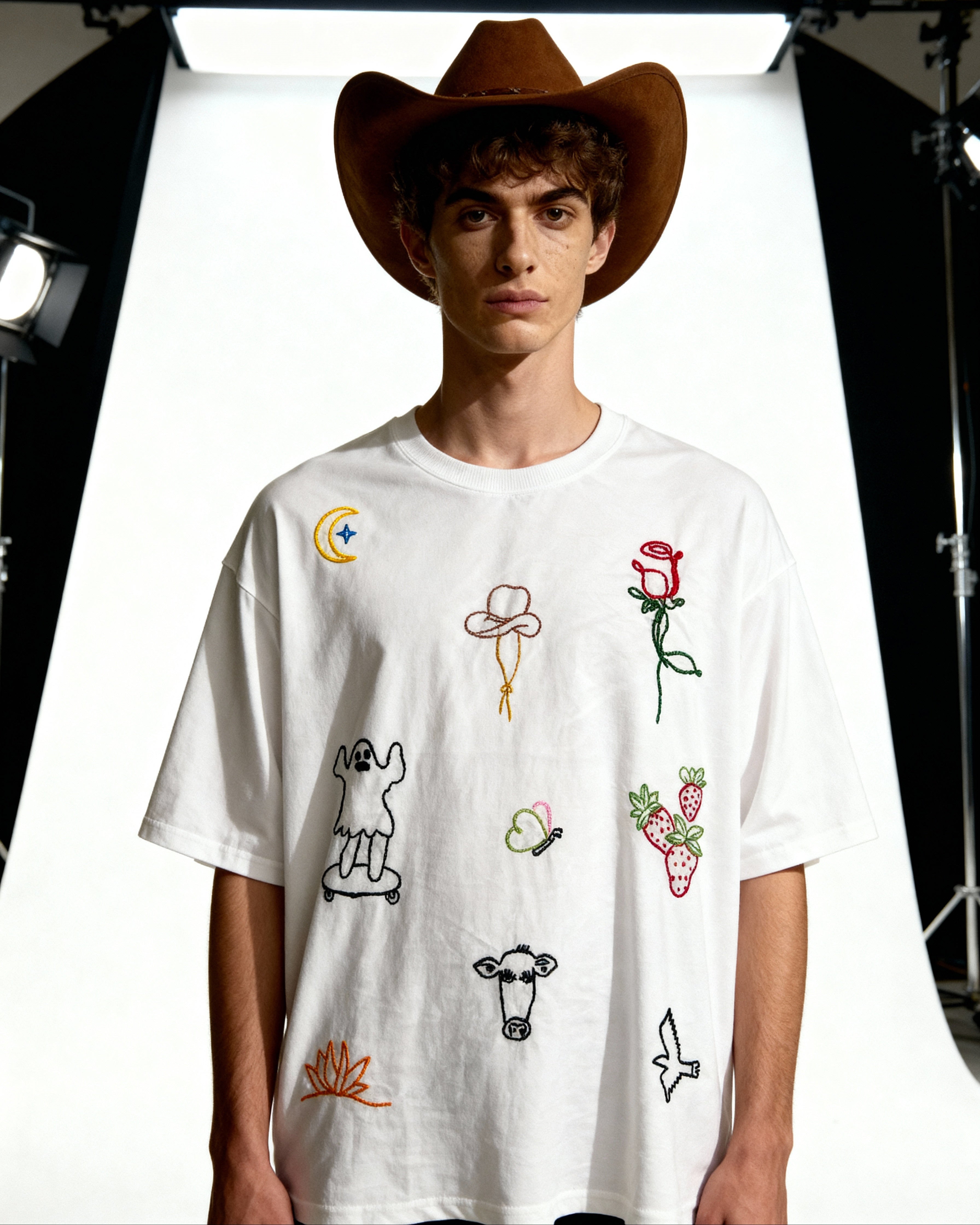 Person wearing a white t-shirt with embroidered designs in a studio setting