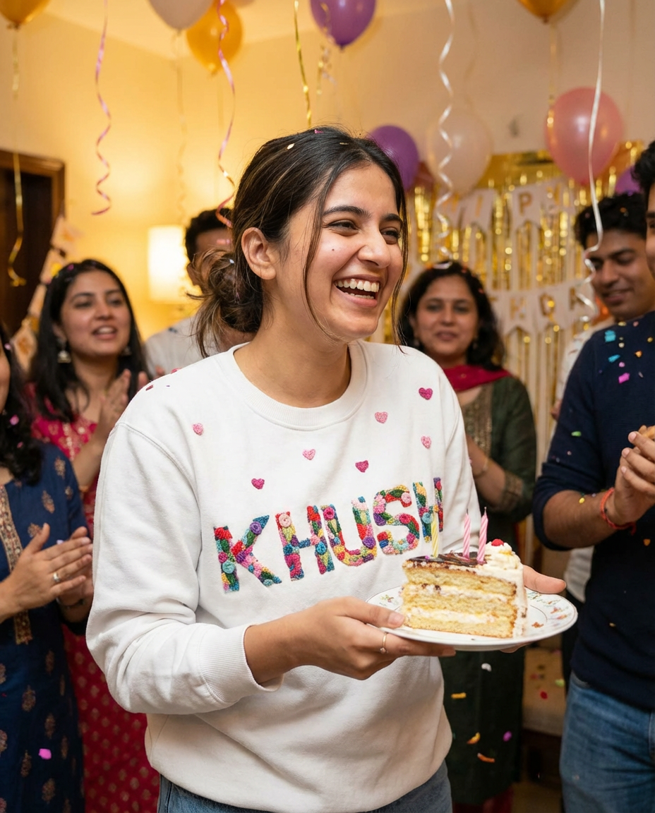 Woman holding a cake with colorful letters on a white plate, surrounded by people in a festive setting.