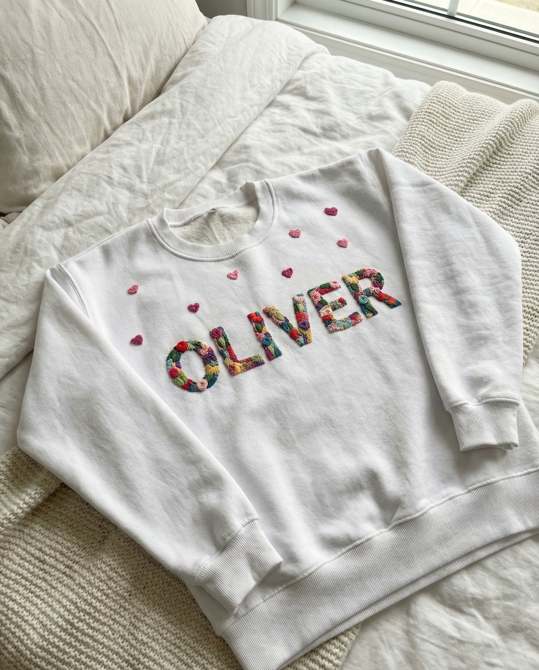 White sweatshirt with custom name 'OLIVER' in colorful letters hand embroidered on a textured surface