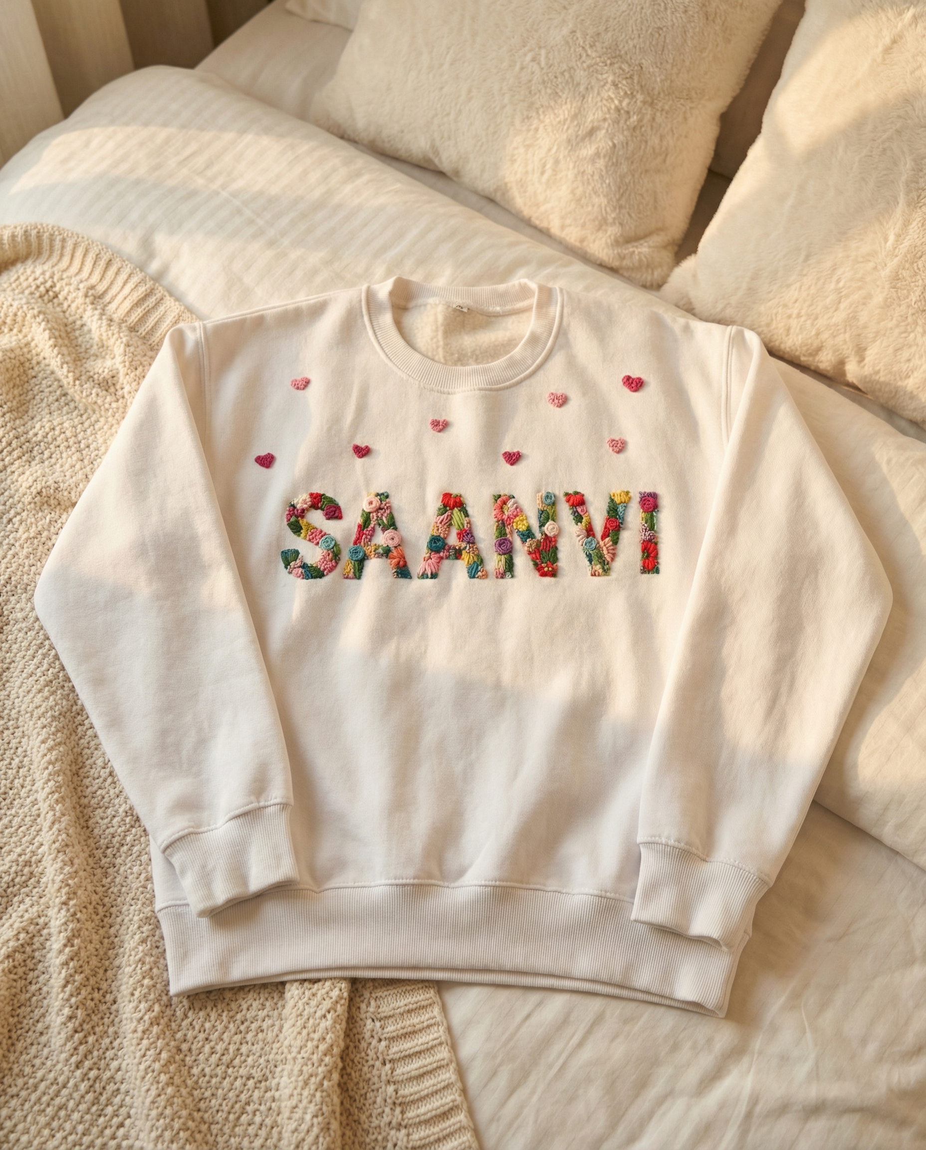 White sweatshirt name embroidered 'SAAANVI' text on a soft beige background