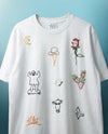 Eclectic doodles hand embroidered tee — white cotton tee with hand-embroidered random doodle designs in colourful thread on blue background