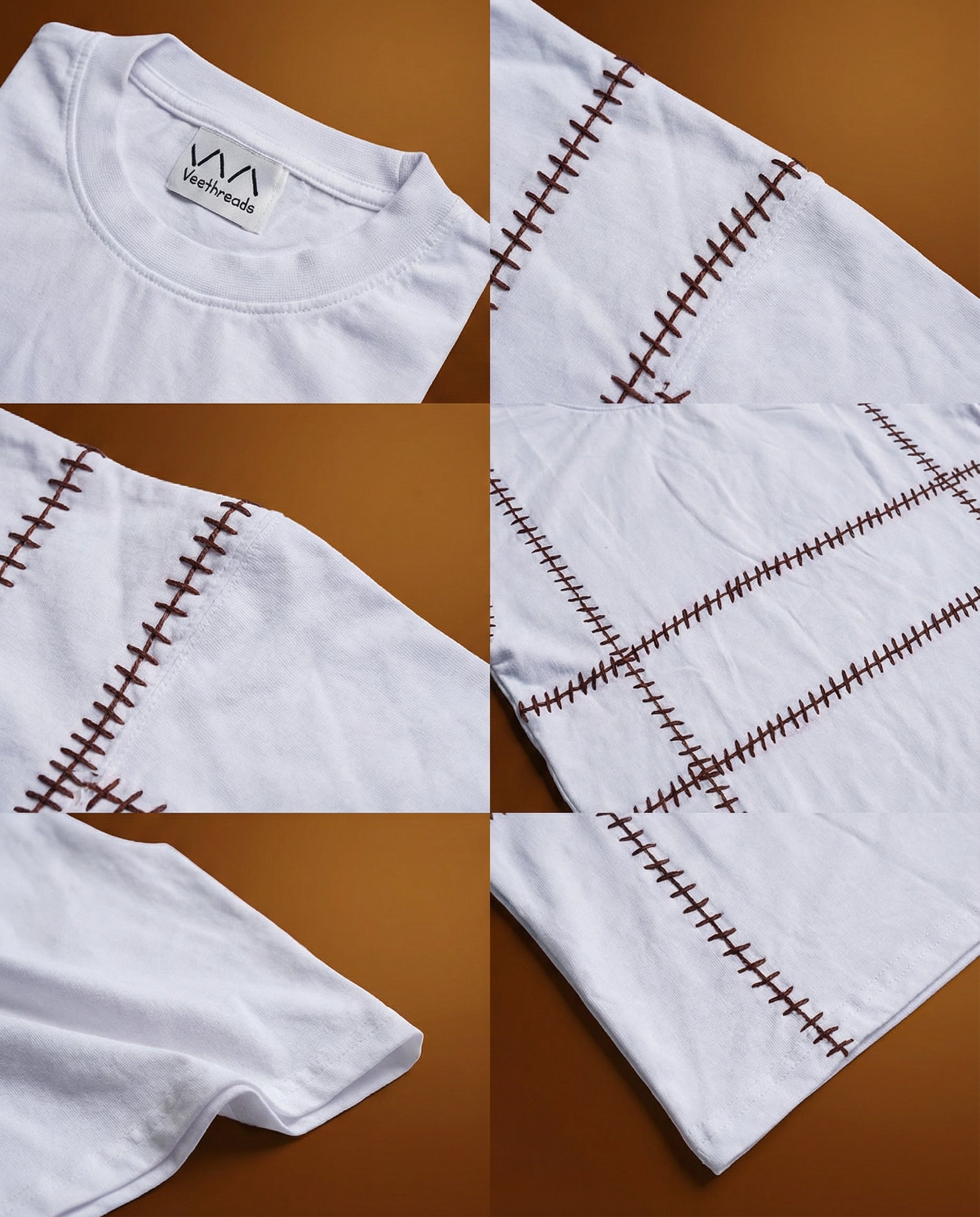 Embroidery designs t shirt geometric — white cotton tee with brown stitching embroidery details on brown background, modern minimal design