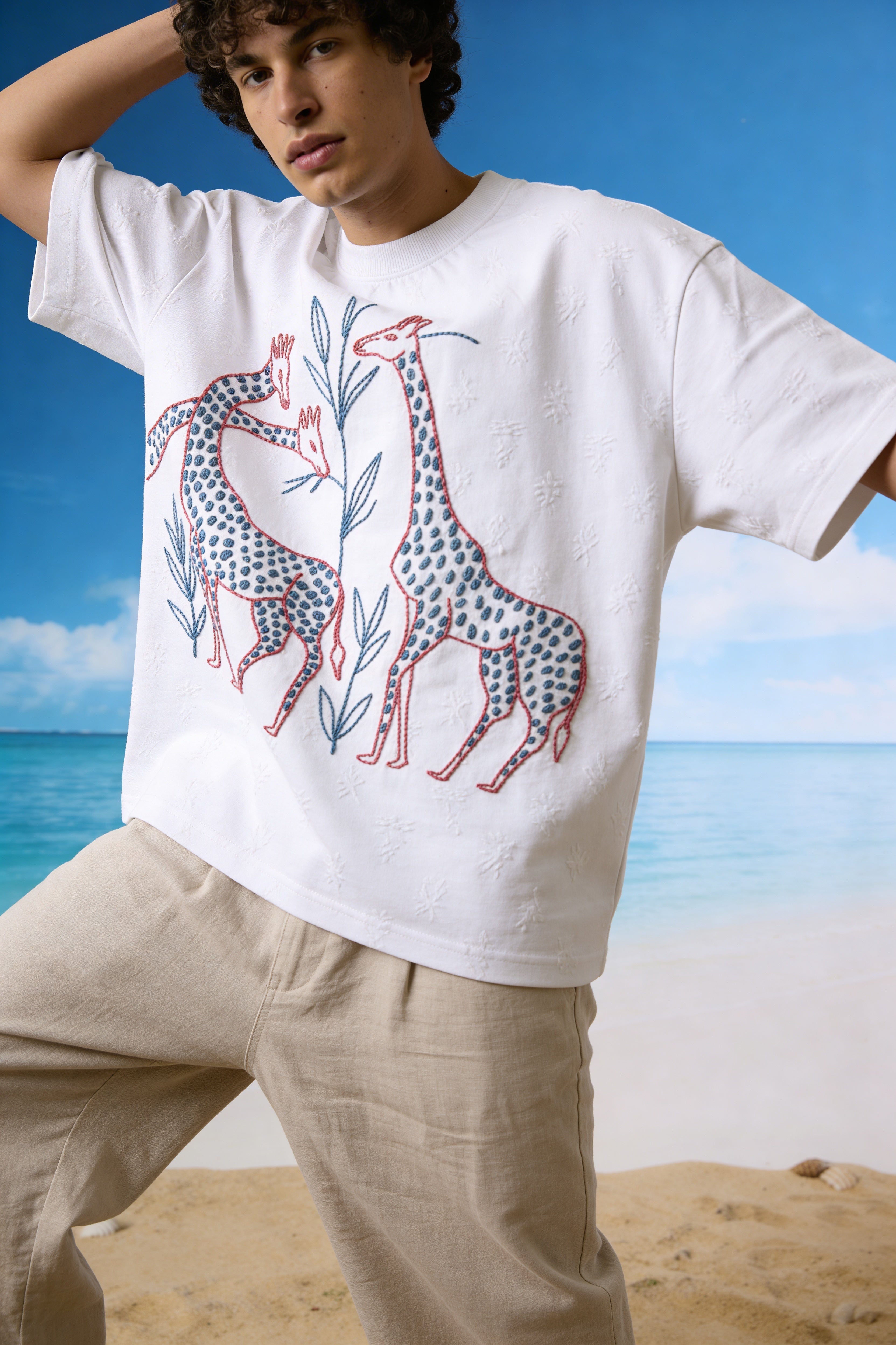 model outfit with premium embroidered giraffe graphic tee casual fashion