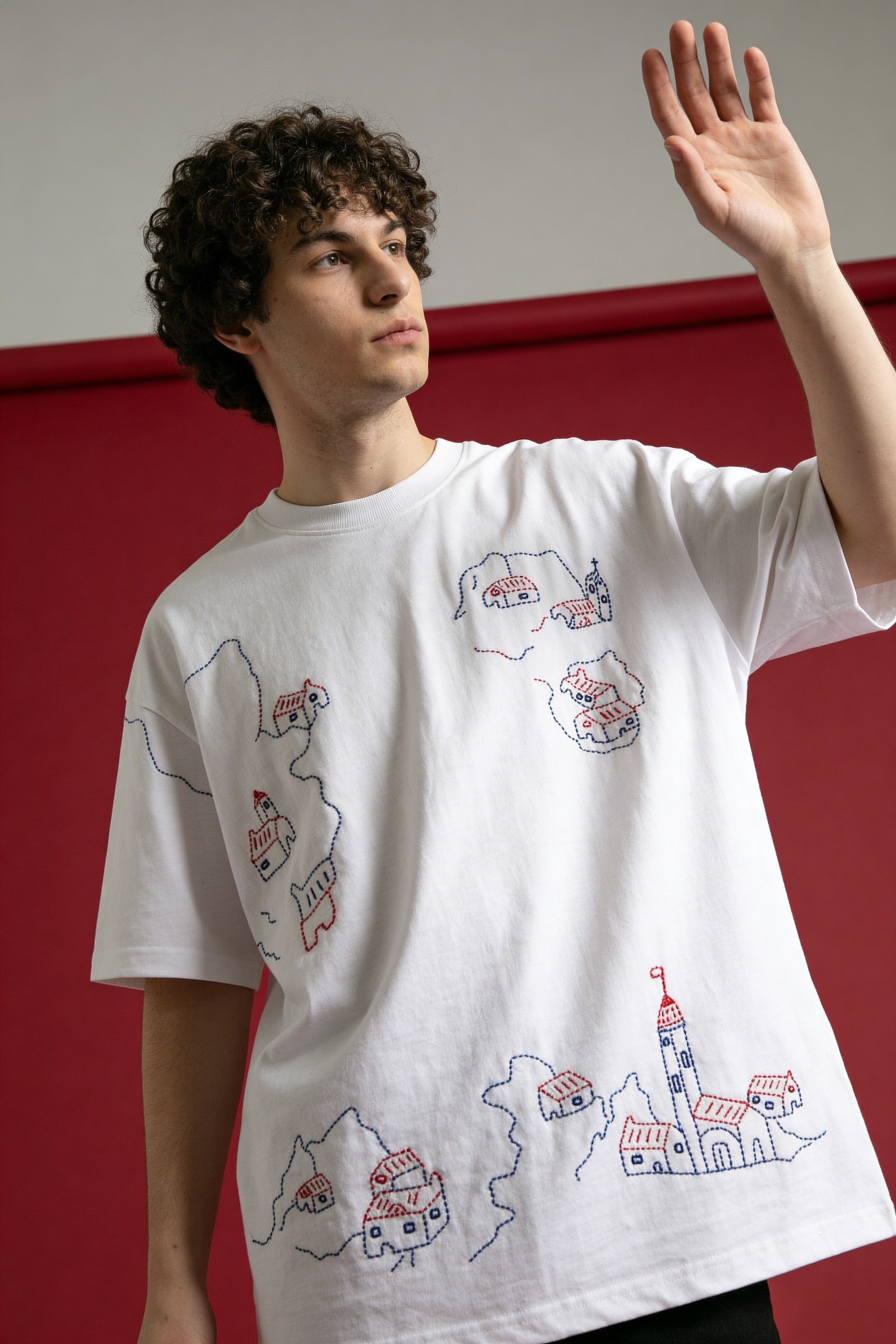 lifestyle photo model wearing handcrafted embroidered cotton t shirt streetwear outfit