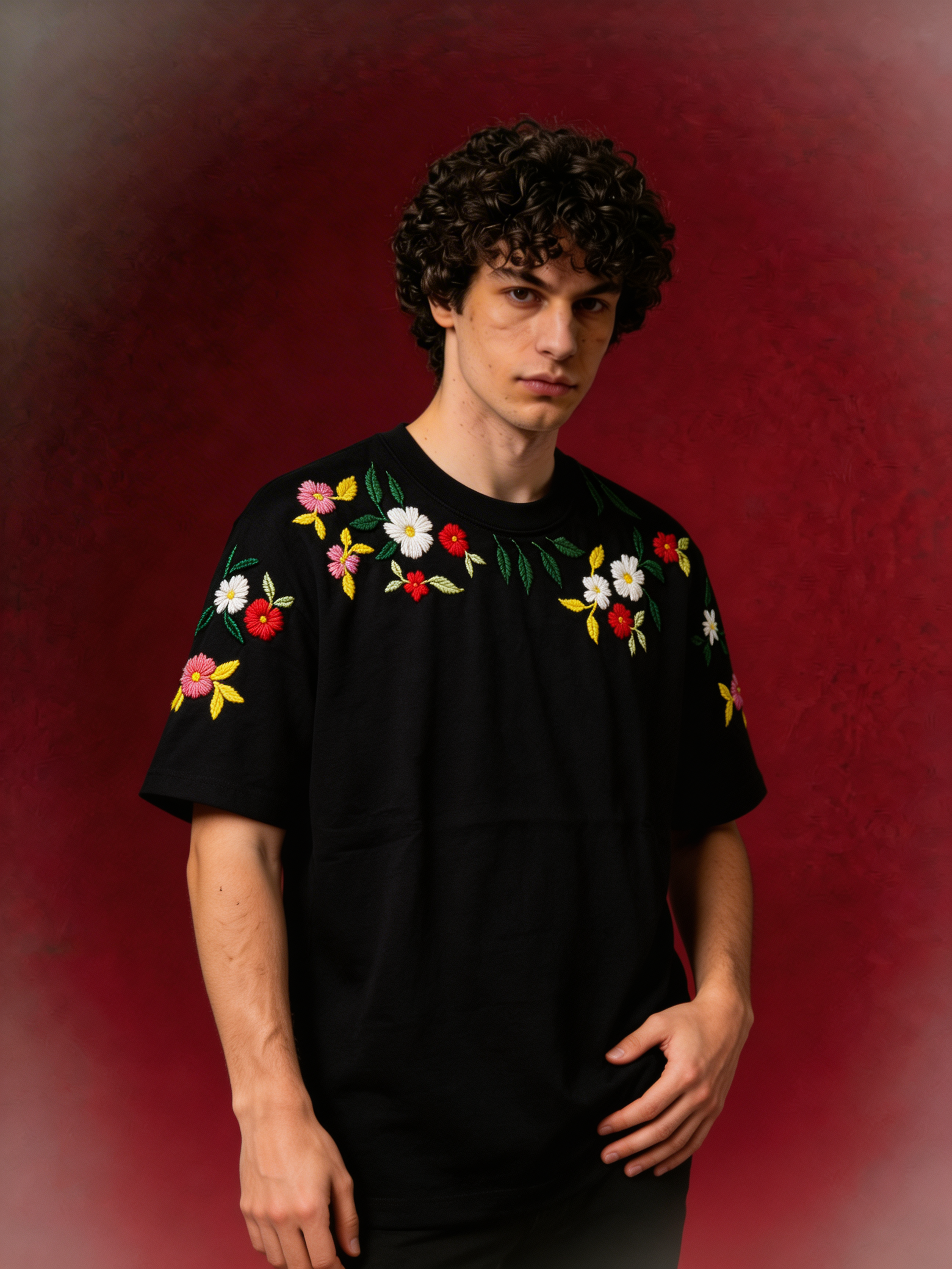Person wearing a black t-shirt with colorful floral embroidery on a red background