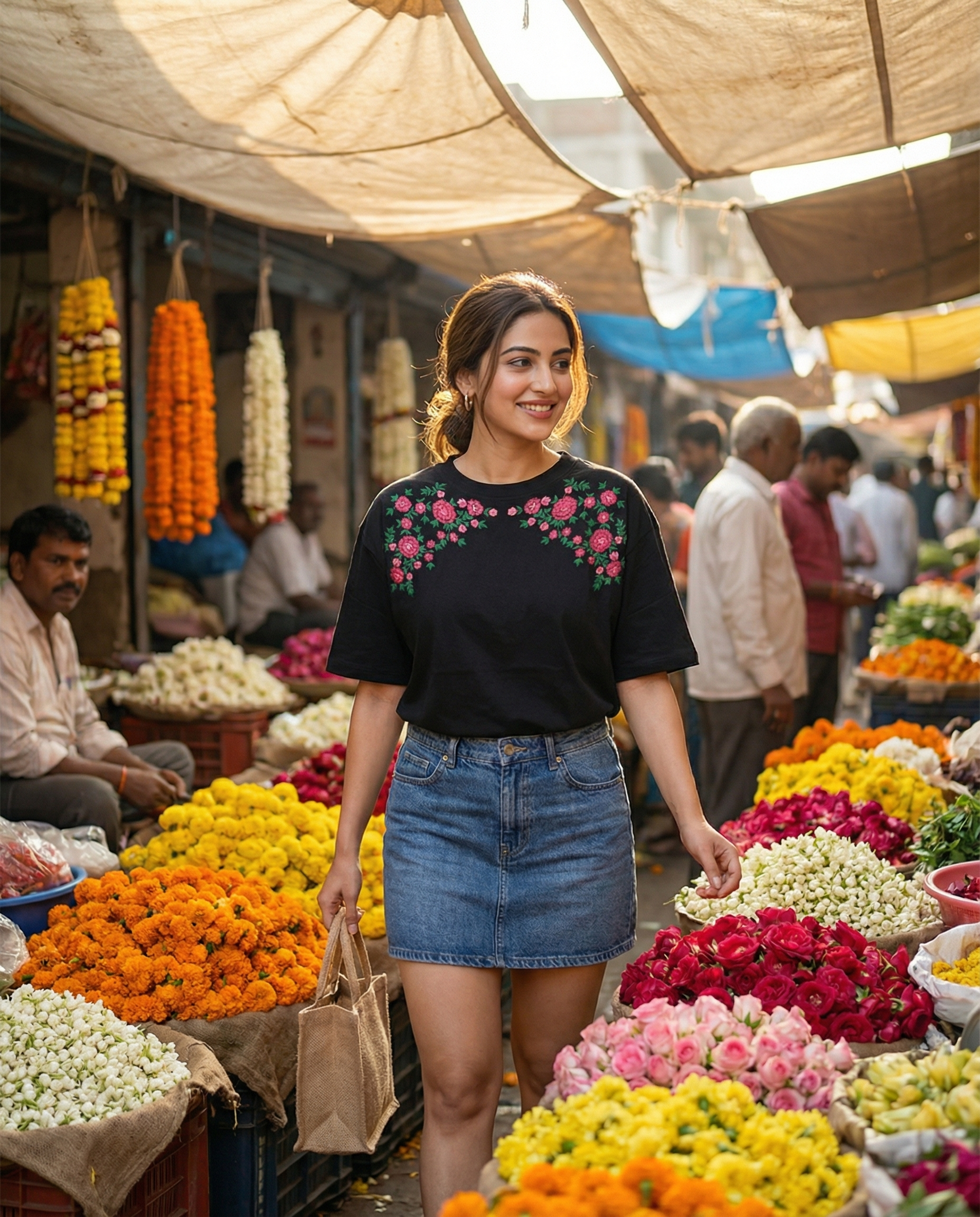 Woman walking through a vibrant flower market