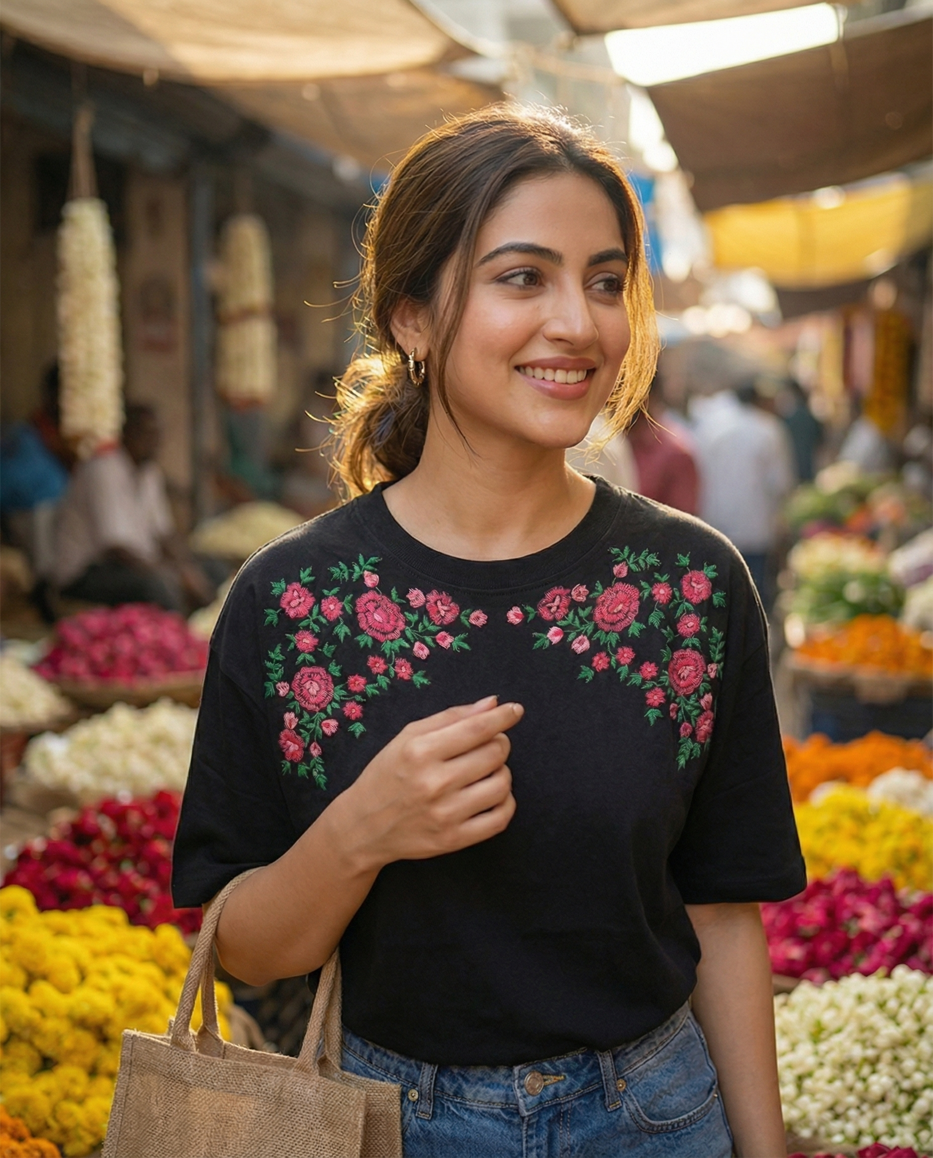 Woman wearing a black t-shirt with floral embroidery in a market setting
