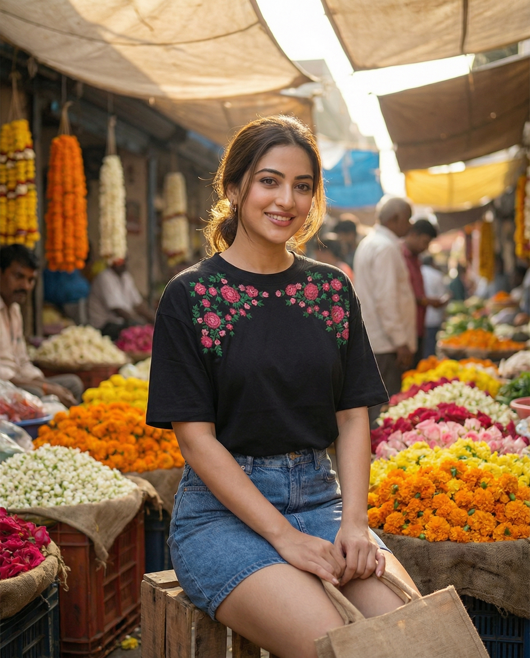 Woman sitting in a market with flowers and people around