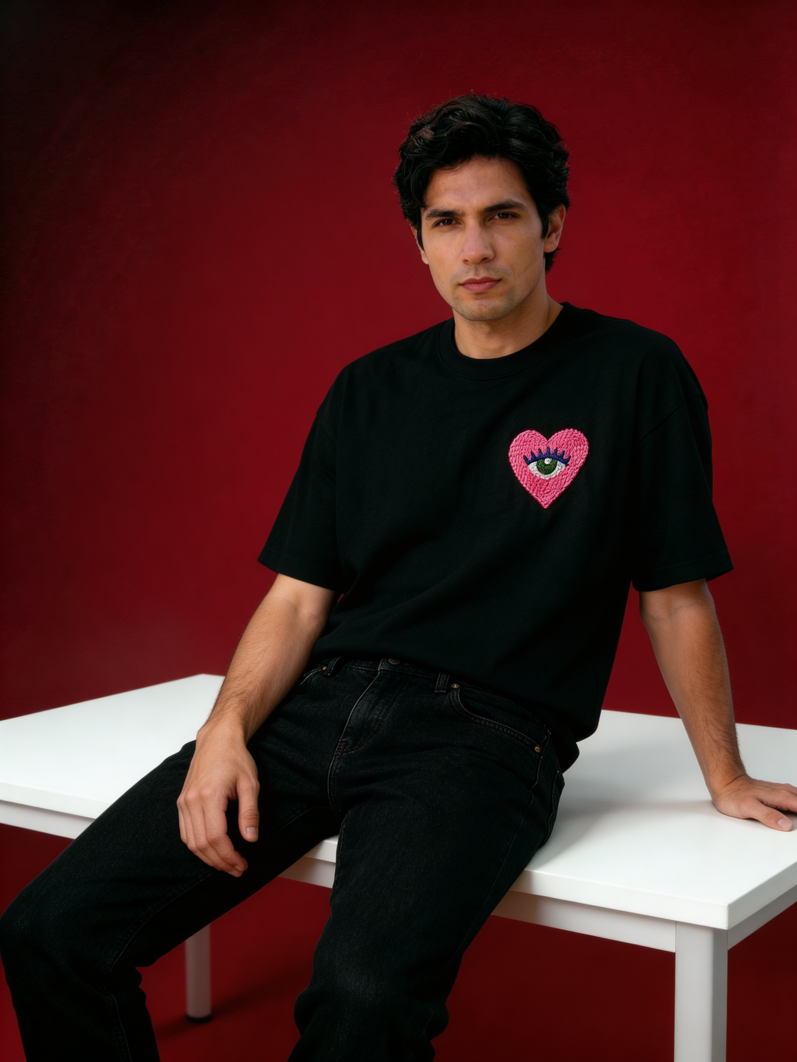Black oversized cotton tee with the Love Eye motif hand-stitched in real thread — pink heart, green eye, 220 GSM, unisex fit.