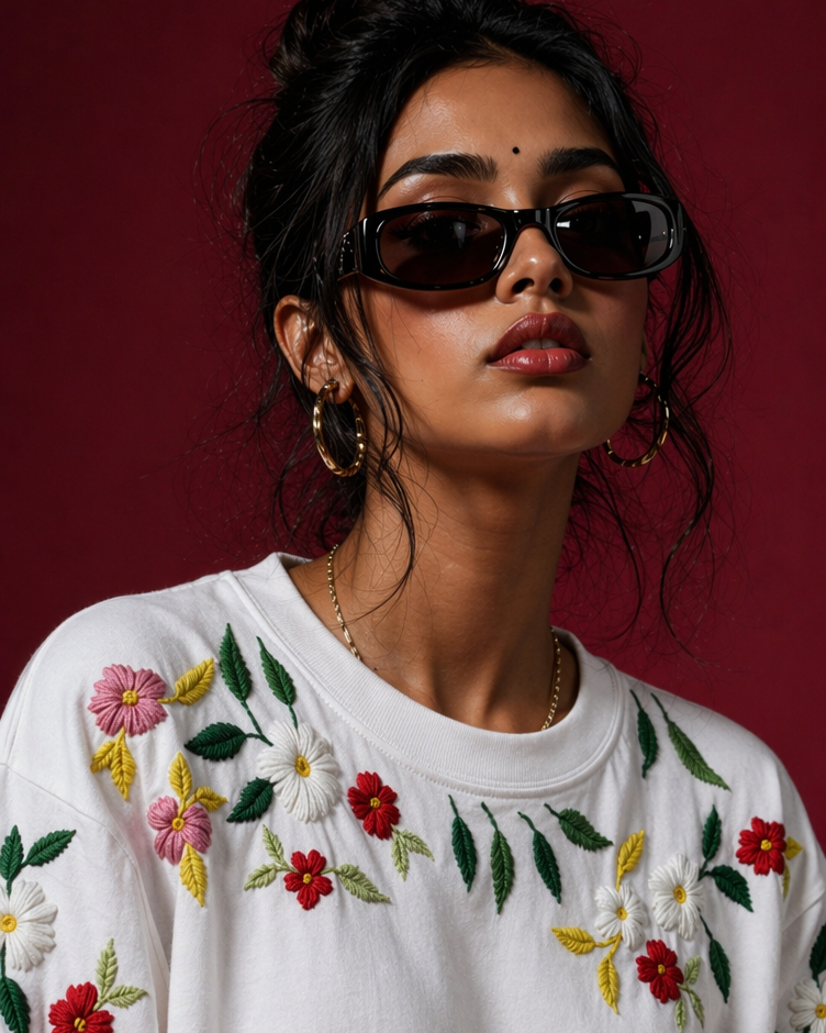 Woman wearing a white sweater with floral embroidery against a red background