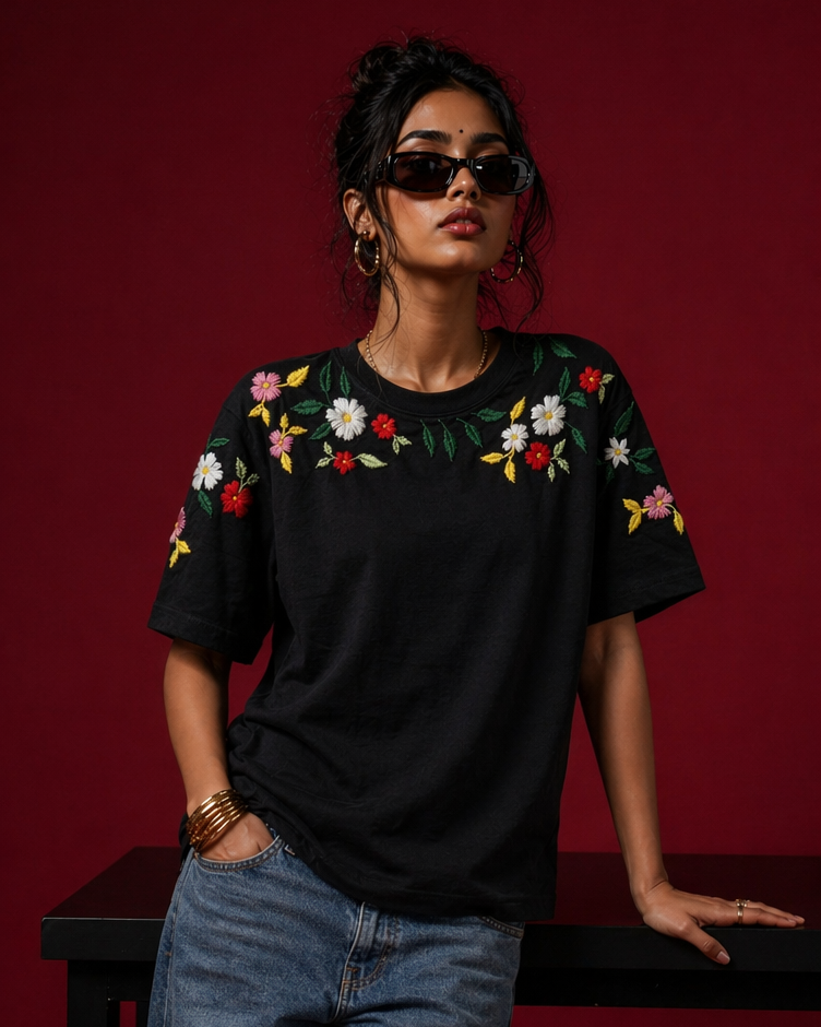 Woman wearing a black t-shirt with floral embroidery and blue jeans against a red background
