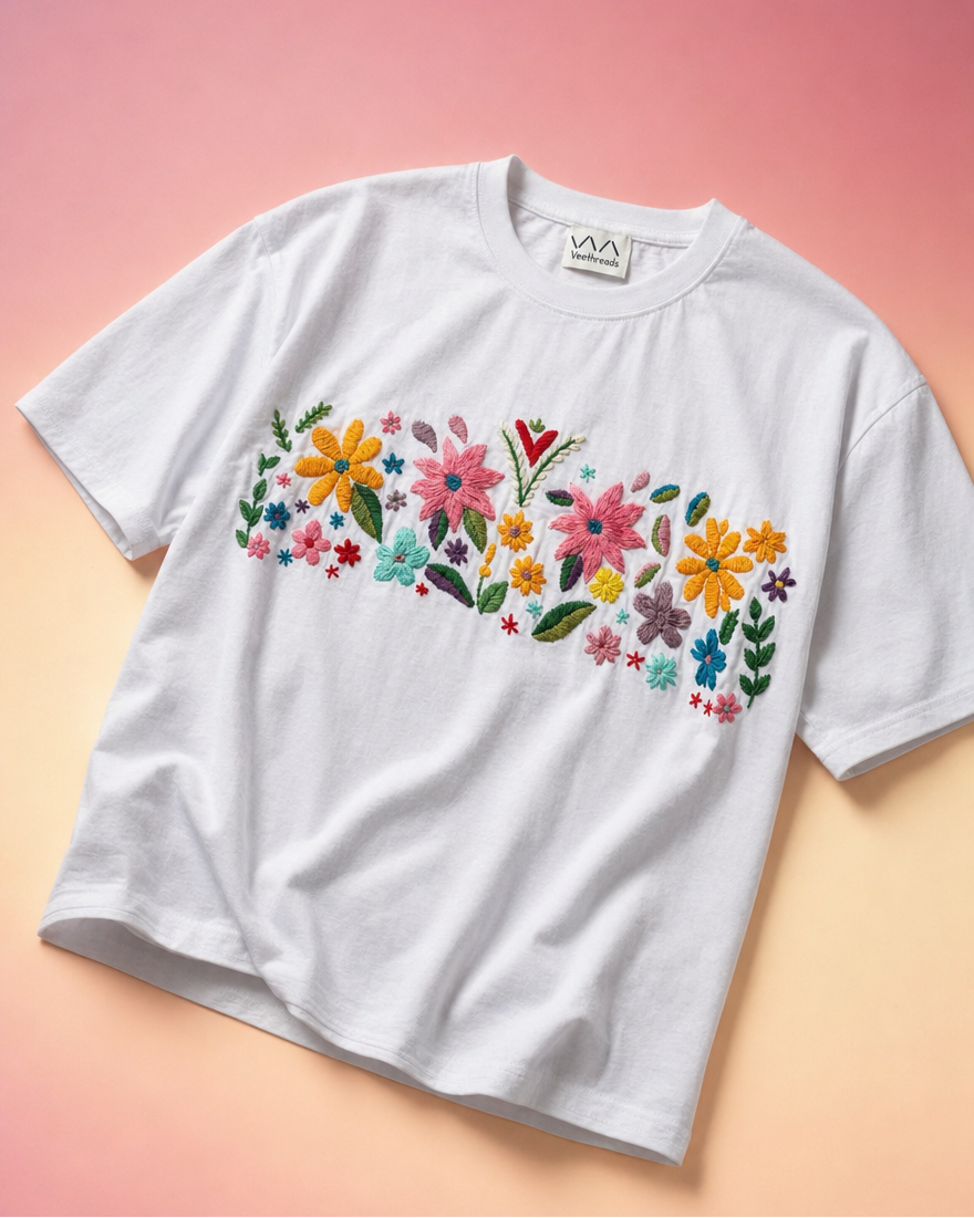 flat lay of white hand embroidered with floral design