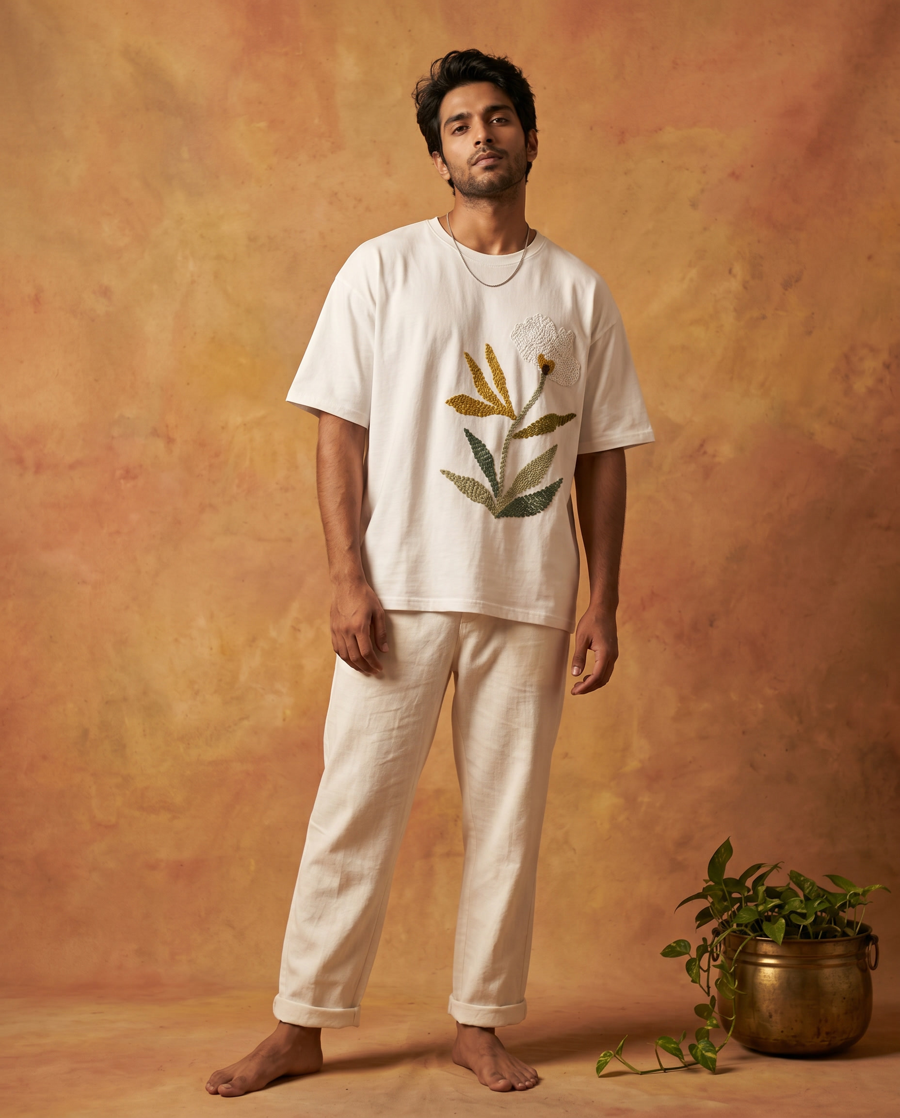 The Botanist Hand Embroidered Oversized T-Shirt | Veethreads