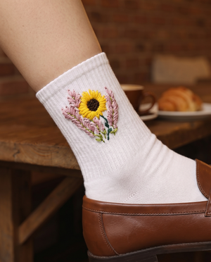 Sunflower & Lavender Bouquet Embroidered Socks – Floral Cotton Stitch Socks