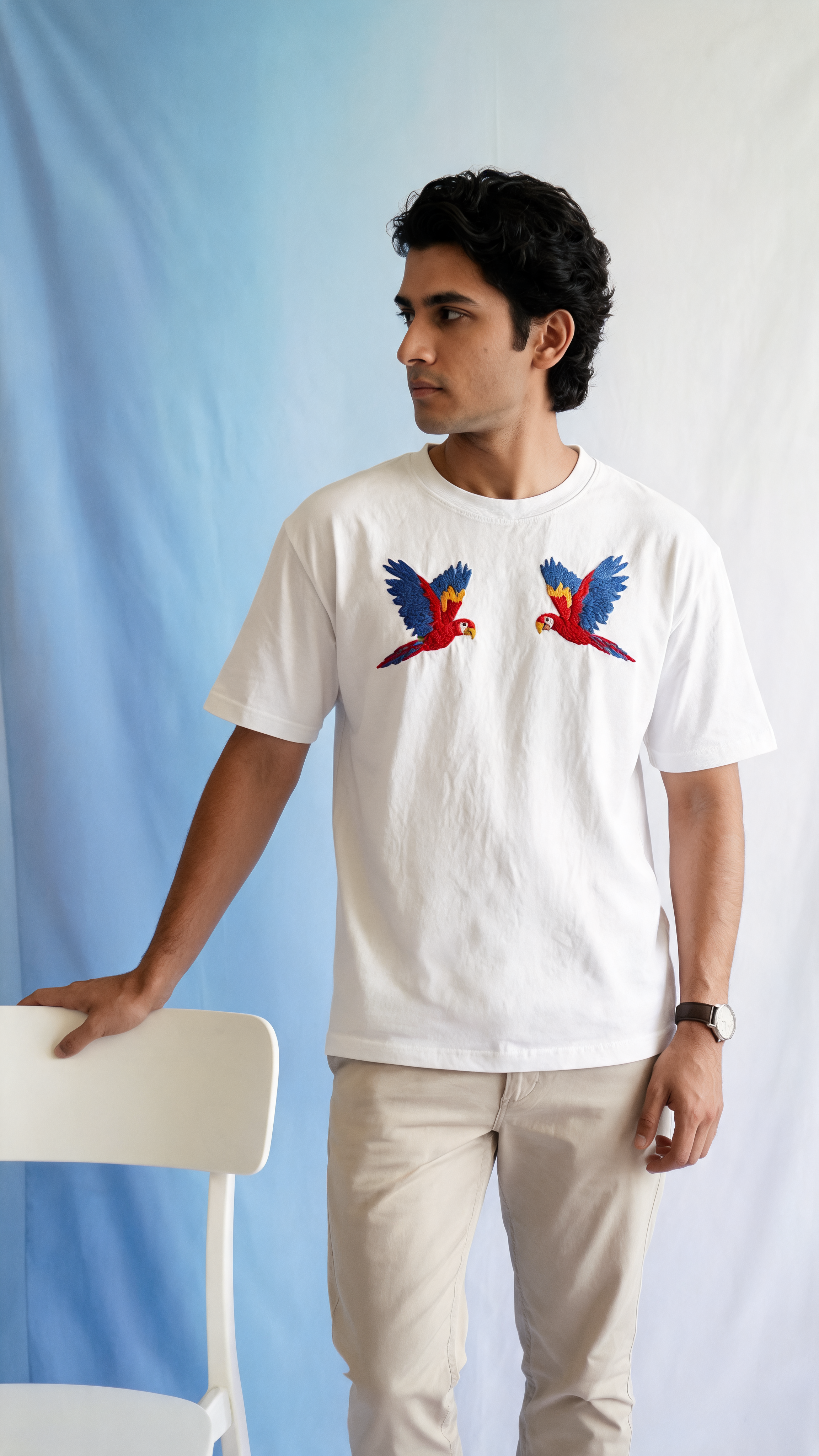 Hand embroidered parrot t-shirt