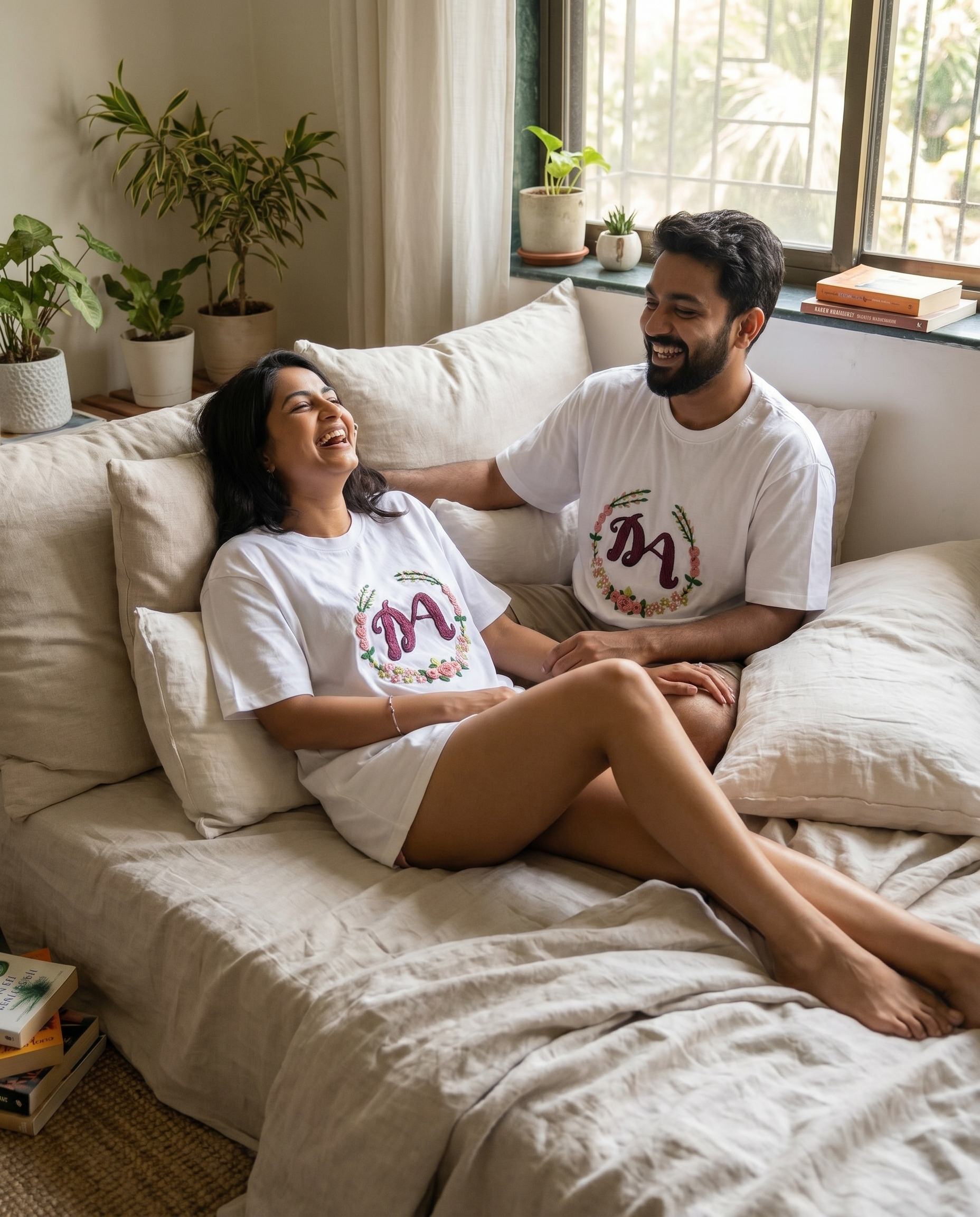 Couple sitting on a couch in a cozy living room wearing custom name tshirts with plants and books.