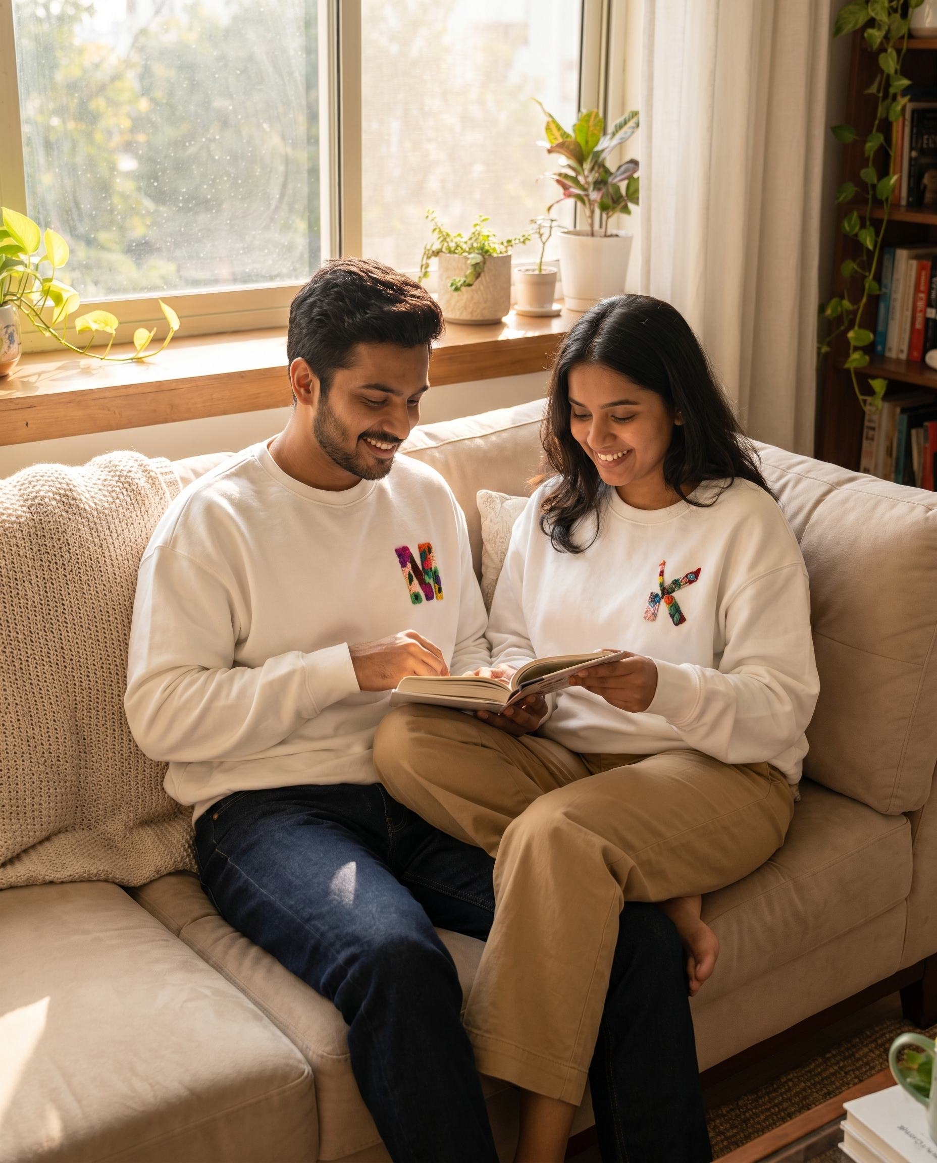 Two people sitting on a couch, reading a book togetherwearing matching custom sweatshirt in a cozy living room.
