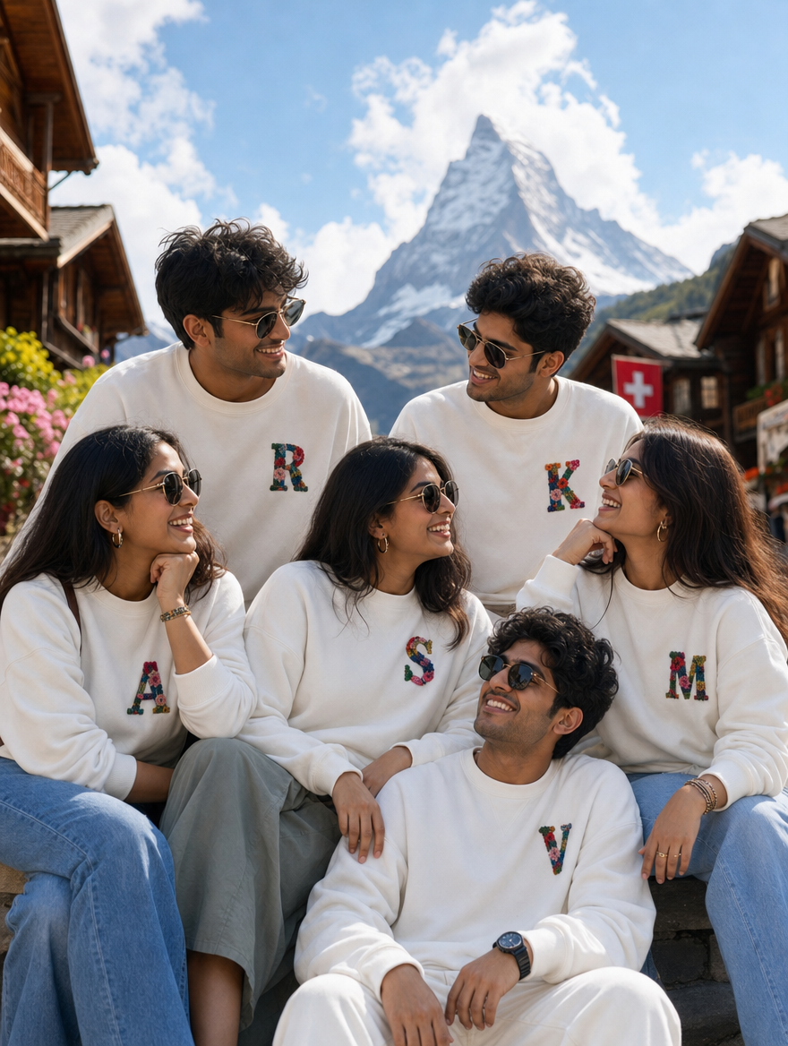 Group of people wearing white sweatshirts with matching custom sweatshirt letters in a mountainous village setting.