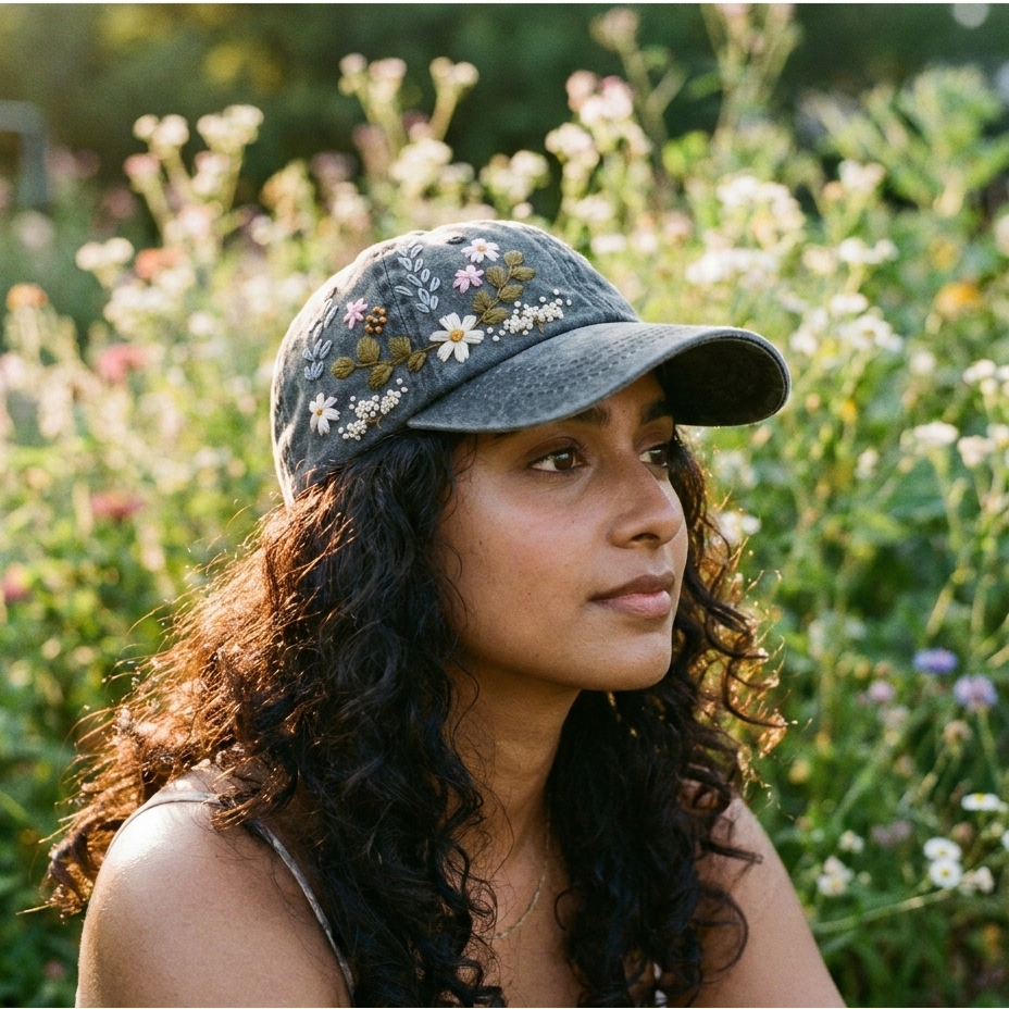 Woman wearing a floral embroidered cap in a garden setting