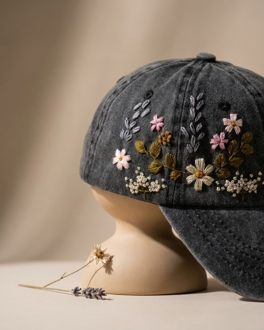 Gray cap with floral embroidery on a beige background