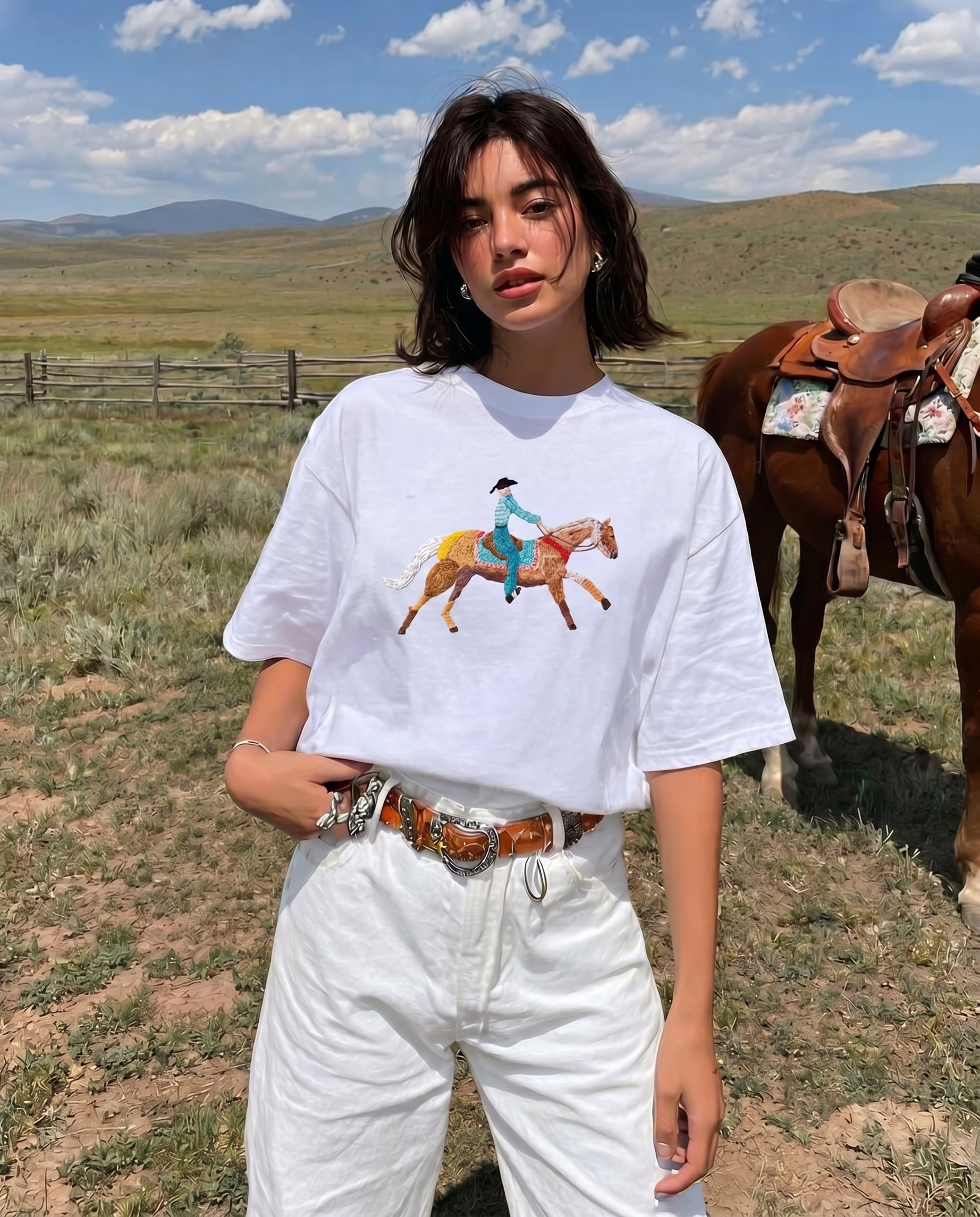 Trail Rider Hand-Embroidered Horse & Cowboy T-Shirt