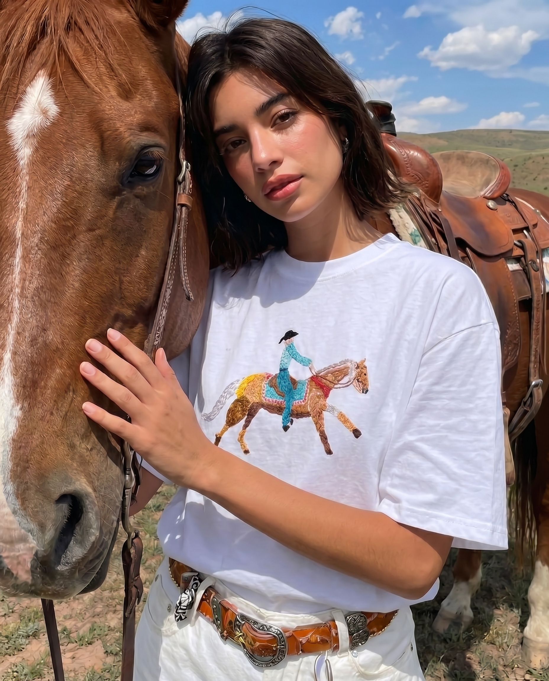 Trail Rider Hand-Embroidered Horse & Cowboy T-Shirt
