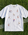 White cotton tee with retro-style footballers hand-embroidered in real thread, by Vee Threads