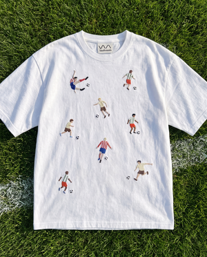 White cotton tee with retro-style footballers hand-embroidered in real thread, by Vee Threads