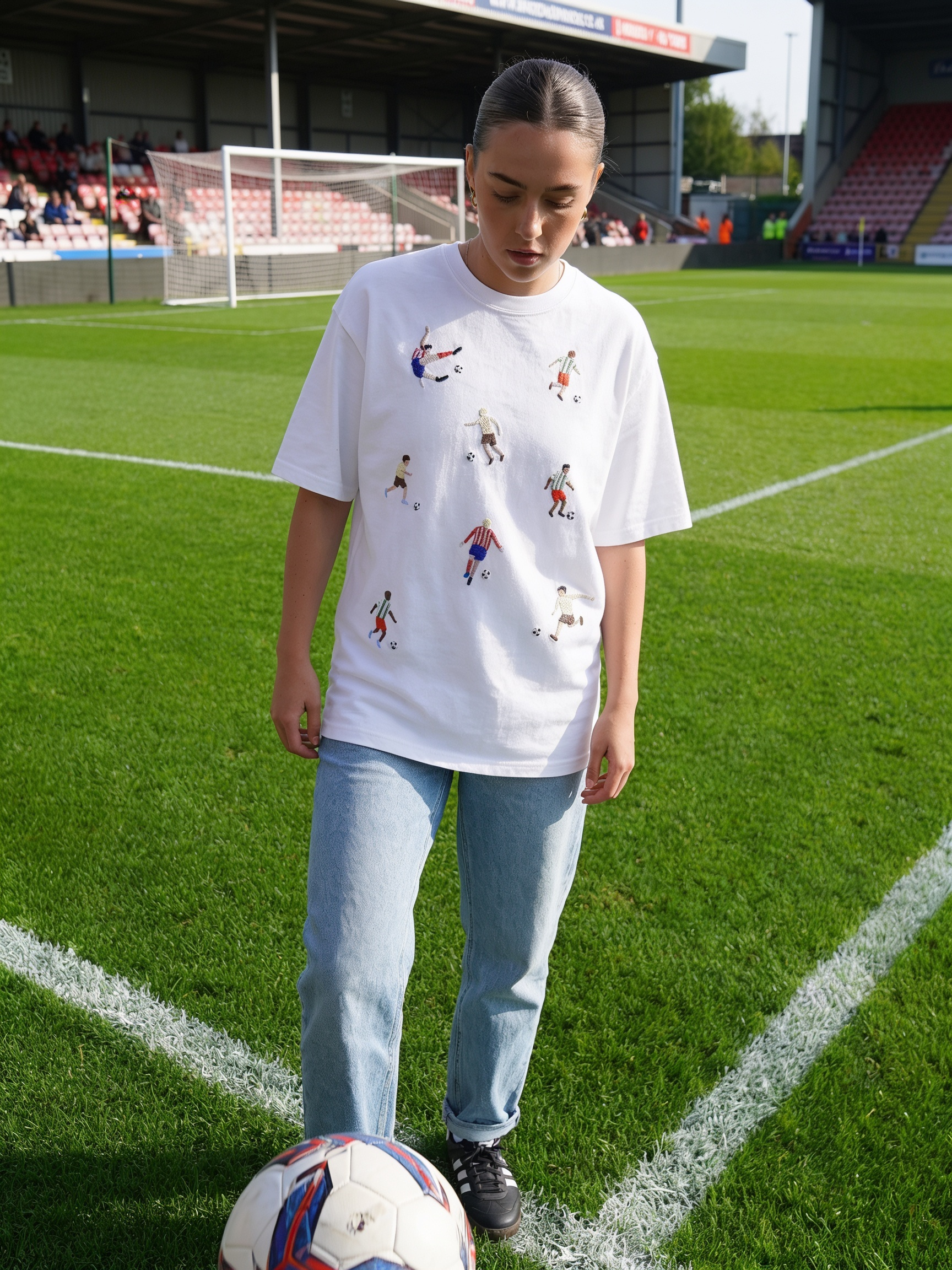 Hand-embroidered footballers chasing soccer balls across a white cotton tee, by Vee Threads