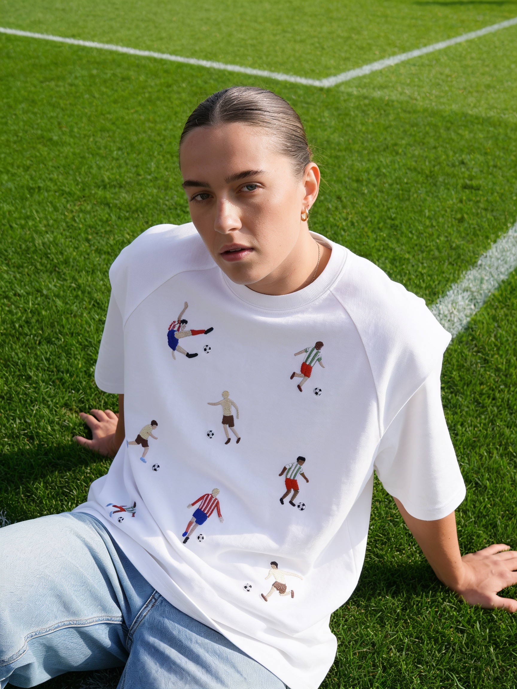 White cotton tee with footballers in coloured kits hand-stitched in real thread, by Vee Threads