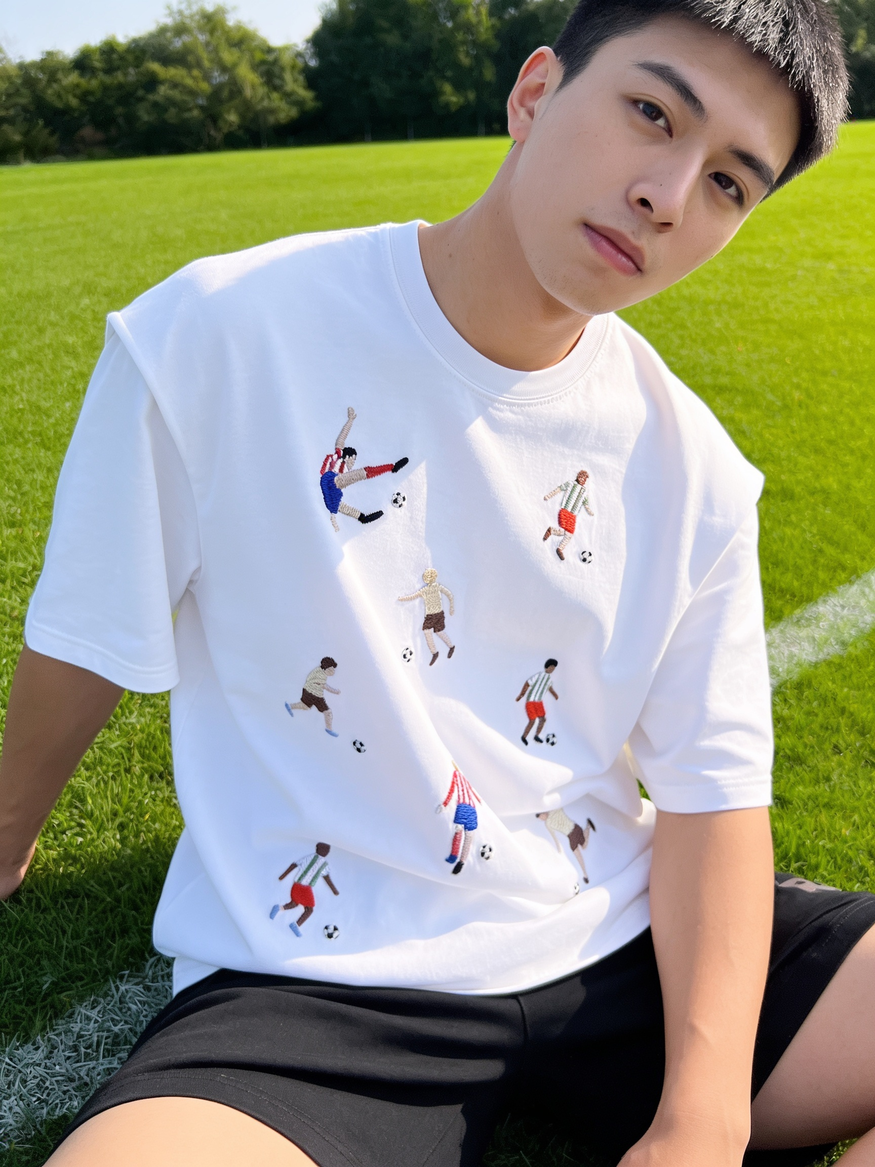 White hand-embroidered football t-shirt with players mid-game and soccer balls, by Vee Threads
