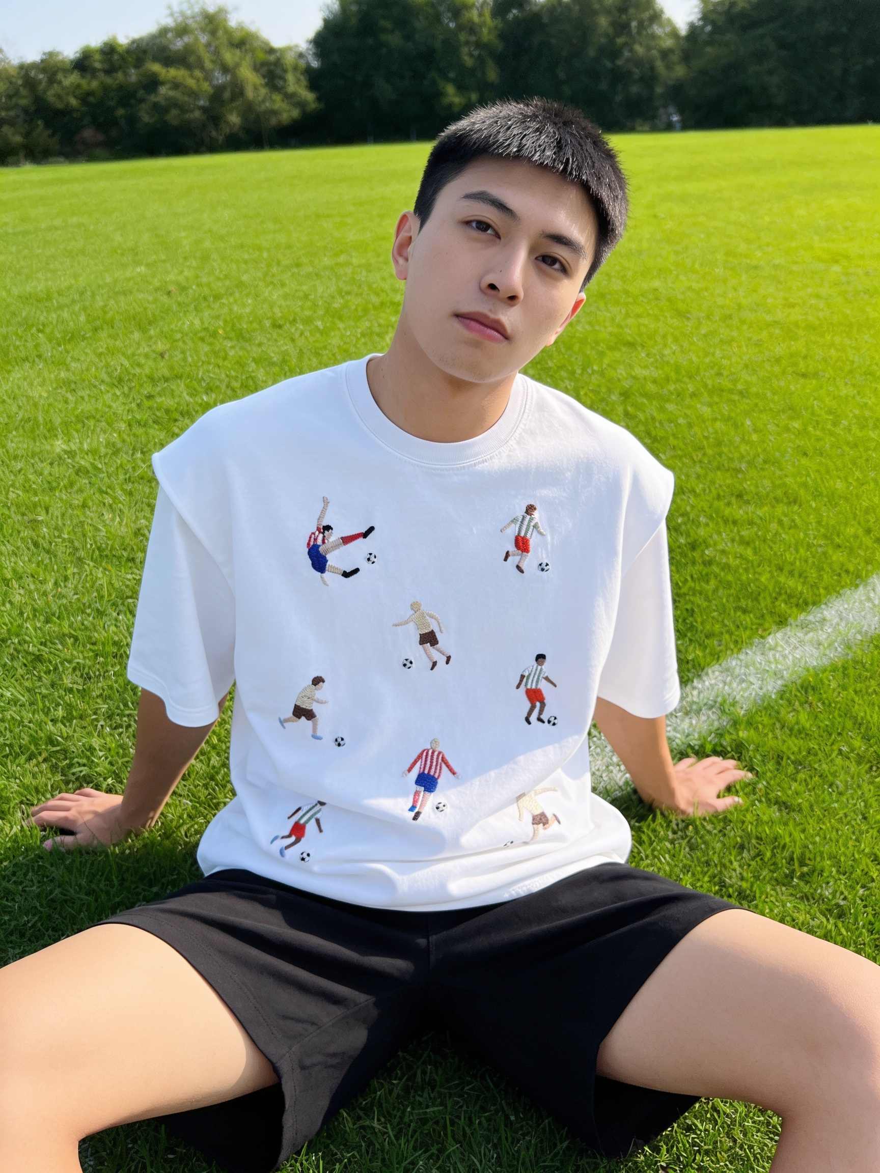 Hand-embroidered football players and a soccer ball stitched on a white cotton tee, by Vee Threads
