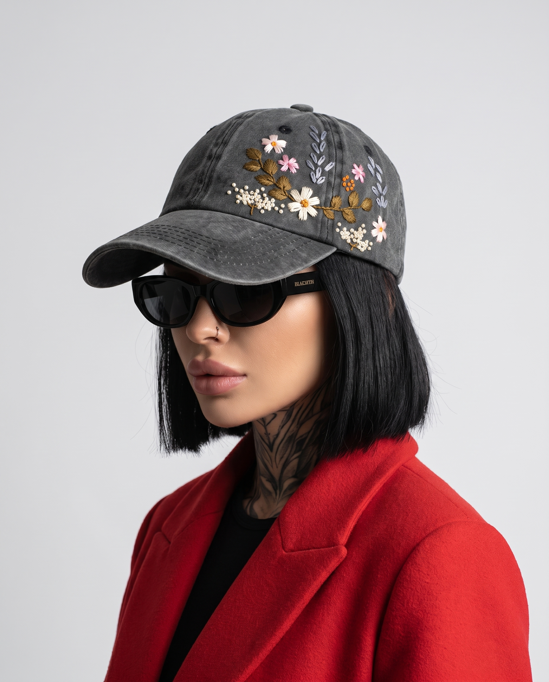 Model wearing Vee Threads floral hand-embroidered denim baseball cap, front view showing colourful real-thread blooms