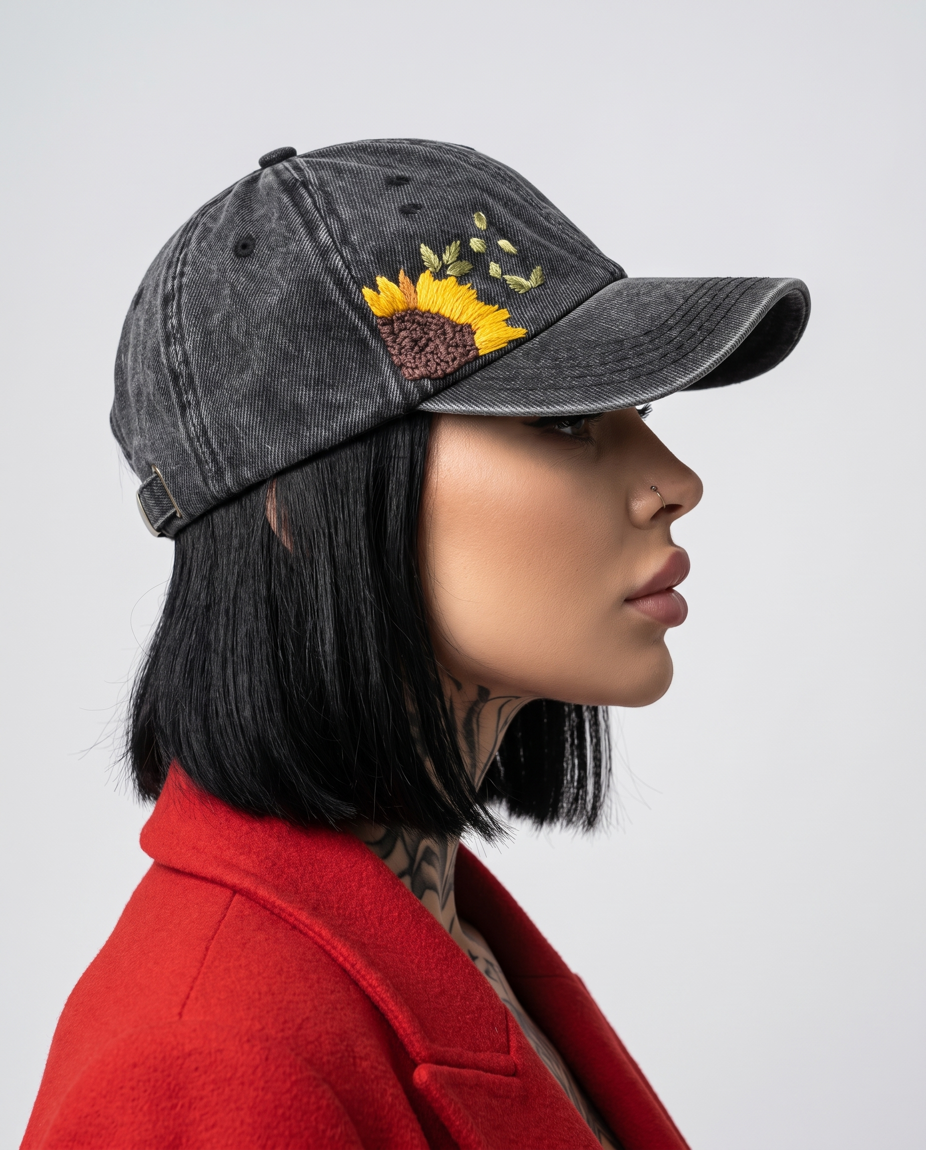 Side profile of model in Vee Threads sunflower acid-wash hand-embroidered denim cap