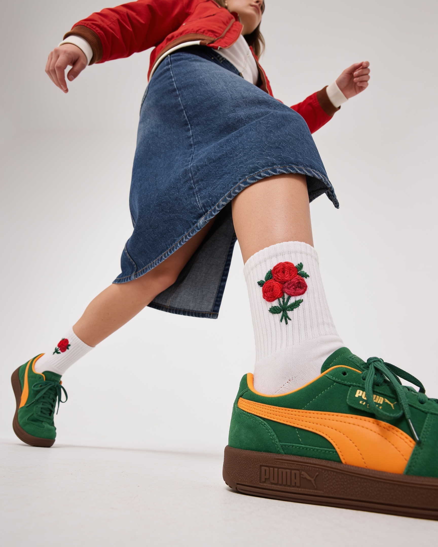 A model wearing a red jacket, blue denim skirt, and green Puma sneakers with white crew socks featuring red rose embroidery, captured in a dynamic pose against a light gray studio background.