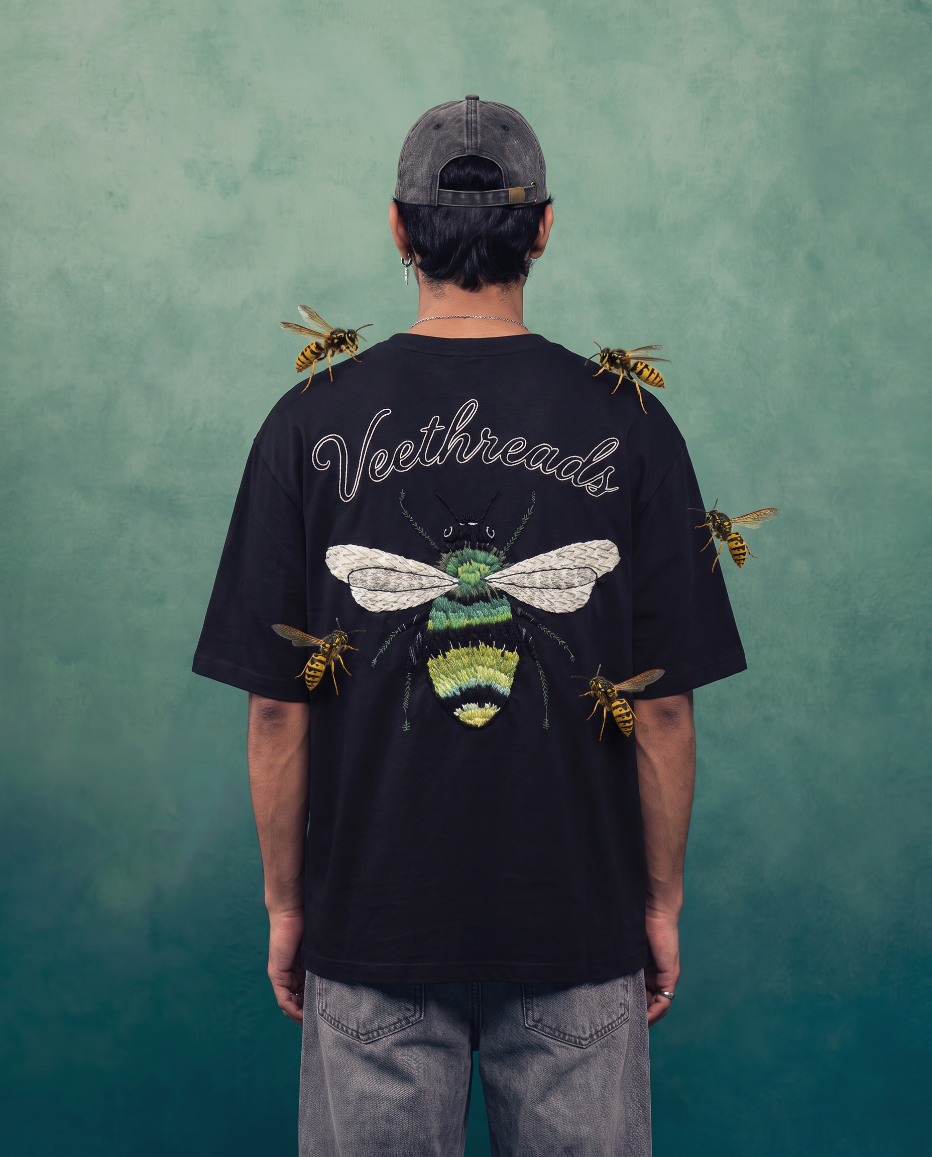 Bumblebee Hand Embroidered Oversized T-Shirt, Black