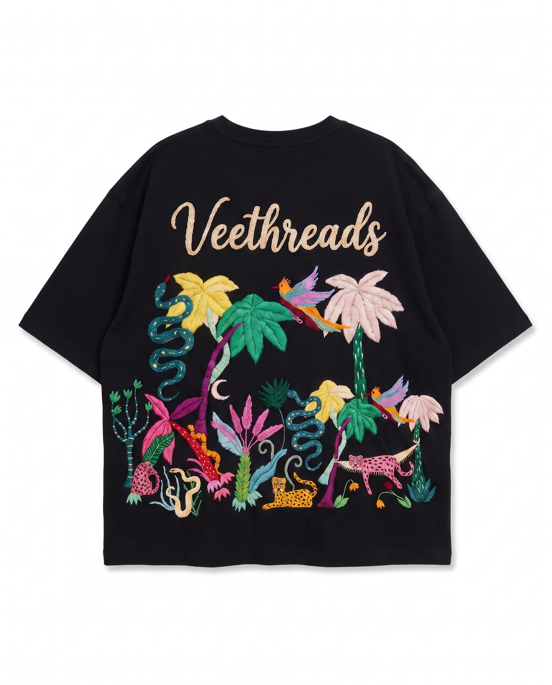 Night Jungle Hand Embroidered Oversized T-Shirt, Black