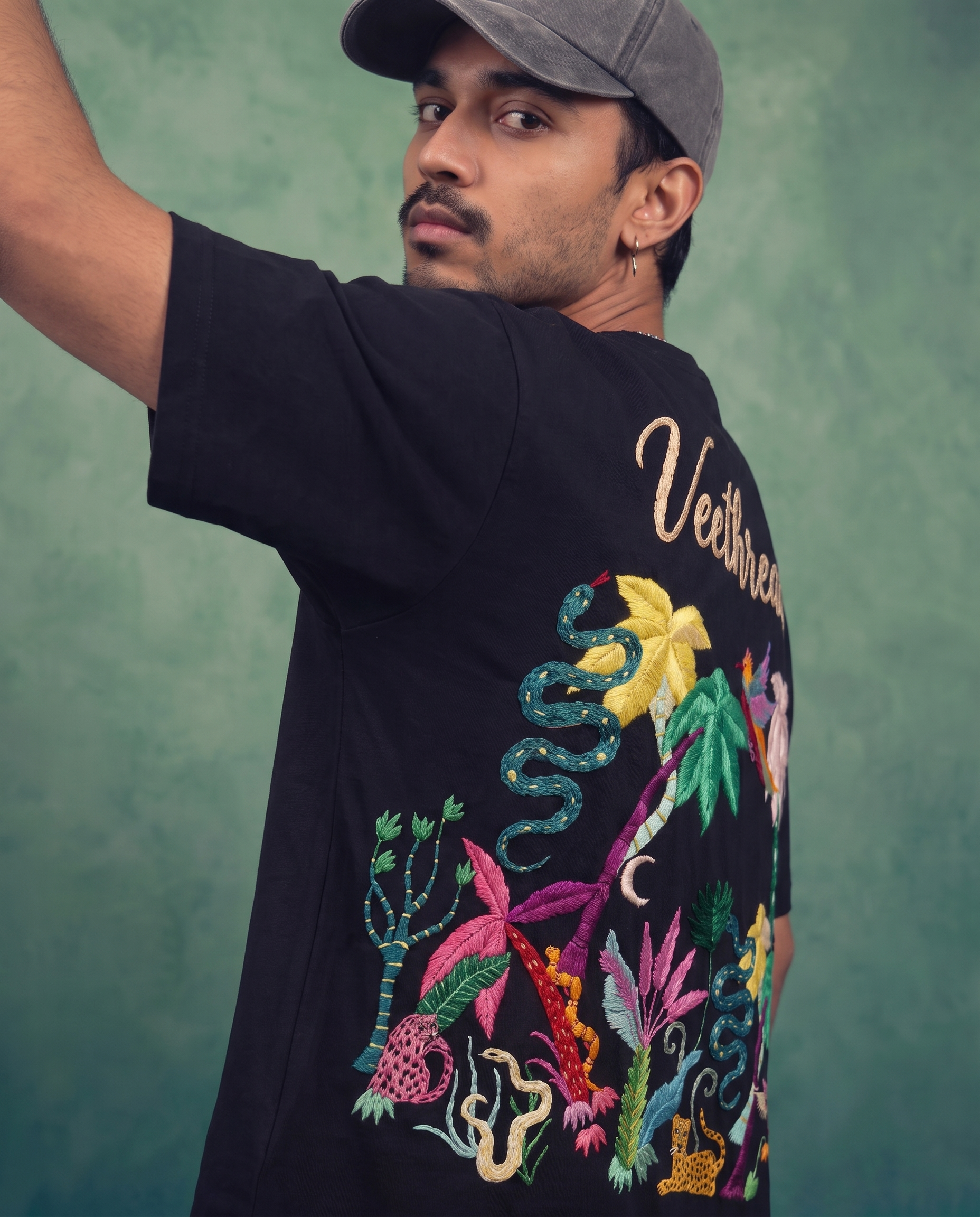 Night Jungle Hand Embroidered Oversized T-Shirt, Black